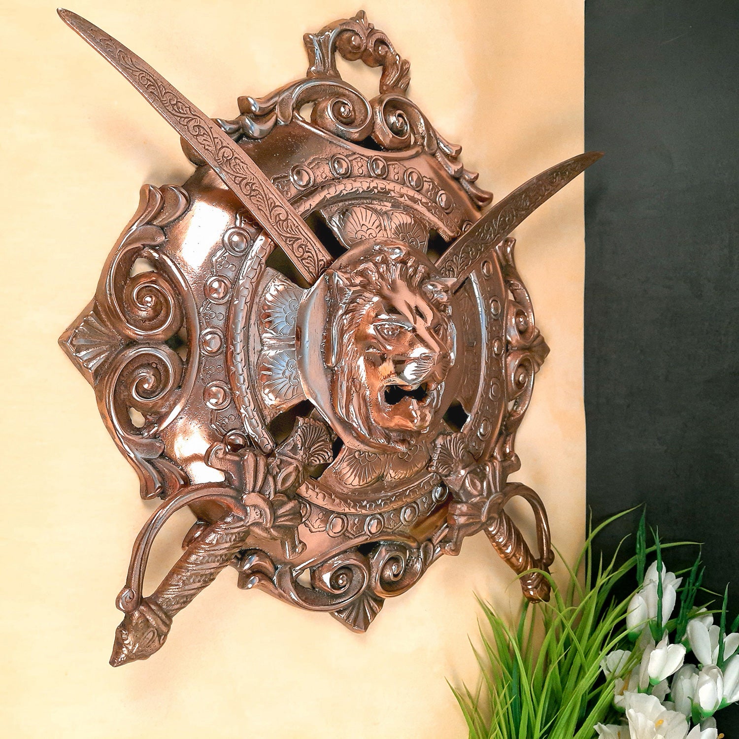 Dhal Talwar Wall Hanging Set | Sword & Shield Wall Mount - Lion Design - For Home, Living Room, Wall Decoration - 20 Inch - Apkamart