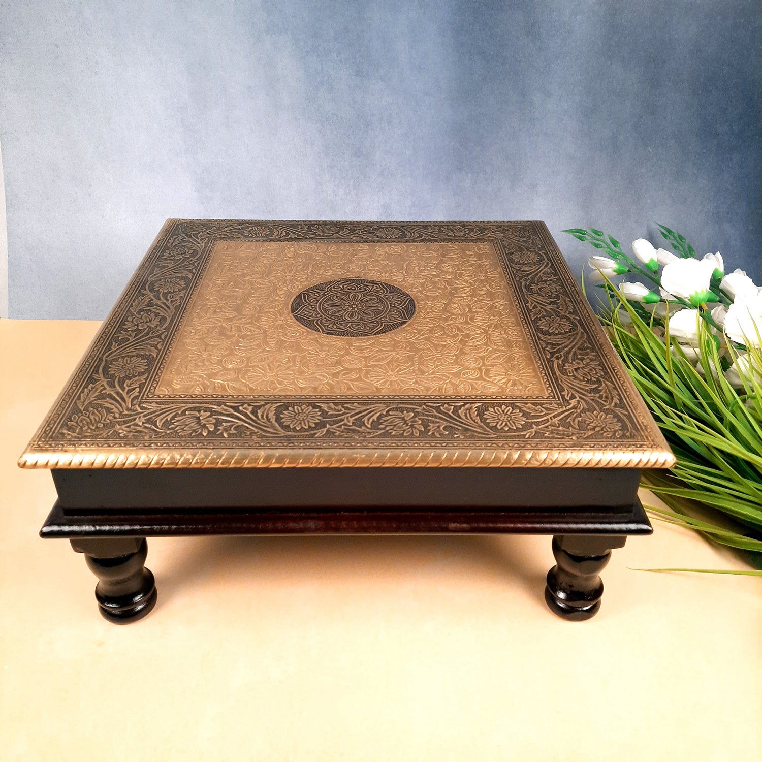 Puja Chowki Bajot | Wooden Brass Chauki - For Pooja, Sitting, Home & Corner Decor -15 Inch - apkamart #Style_Design 2