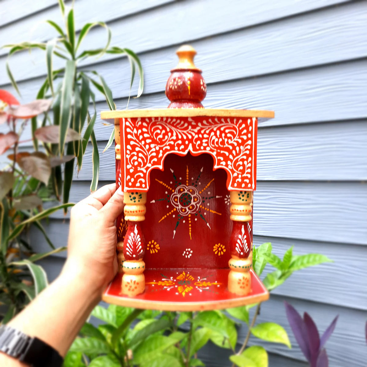 Pooja Temple Hanging | God Temple For Home | Wooden Mandir Stand | Puja Unit Small Wall Mounted With Detachable Gumbad – For Ghar, Office & Shop - 11 Inch - Apkamart