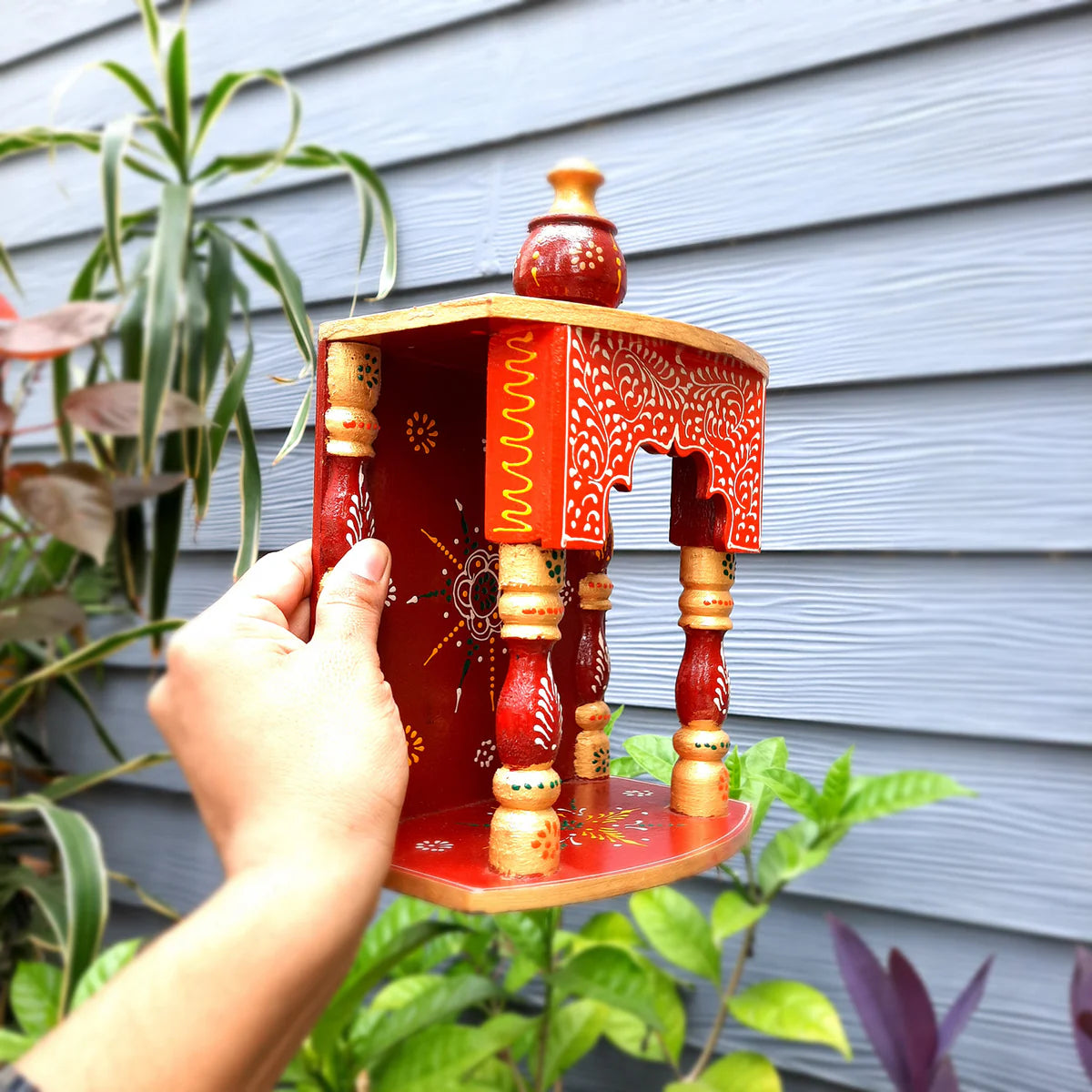 Pooja Temple Hanging | God Temple For Home | Wooden Mandir Stand | Puja Unit Small Wall Mounted With Detachable Gumbad – For Ghar, Office & Shop - 11 Inch - Apkamart