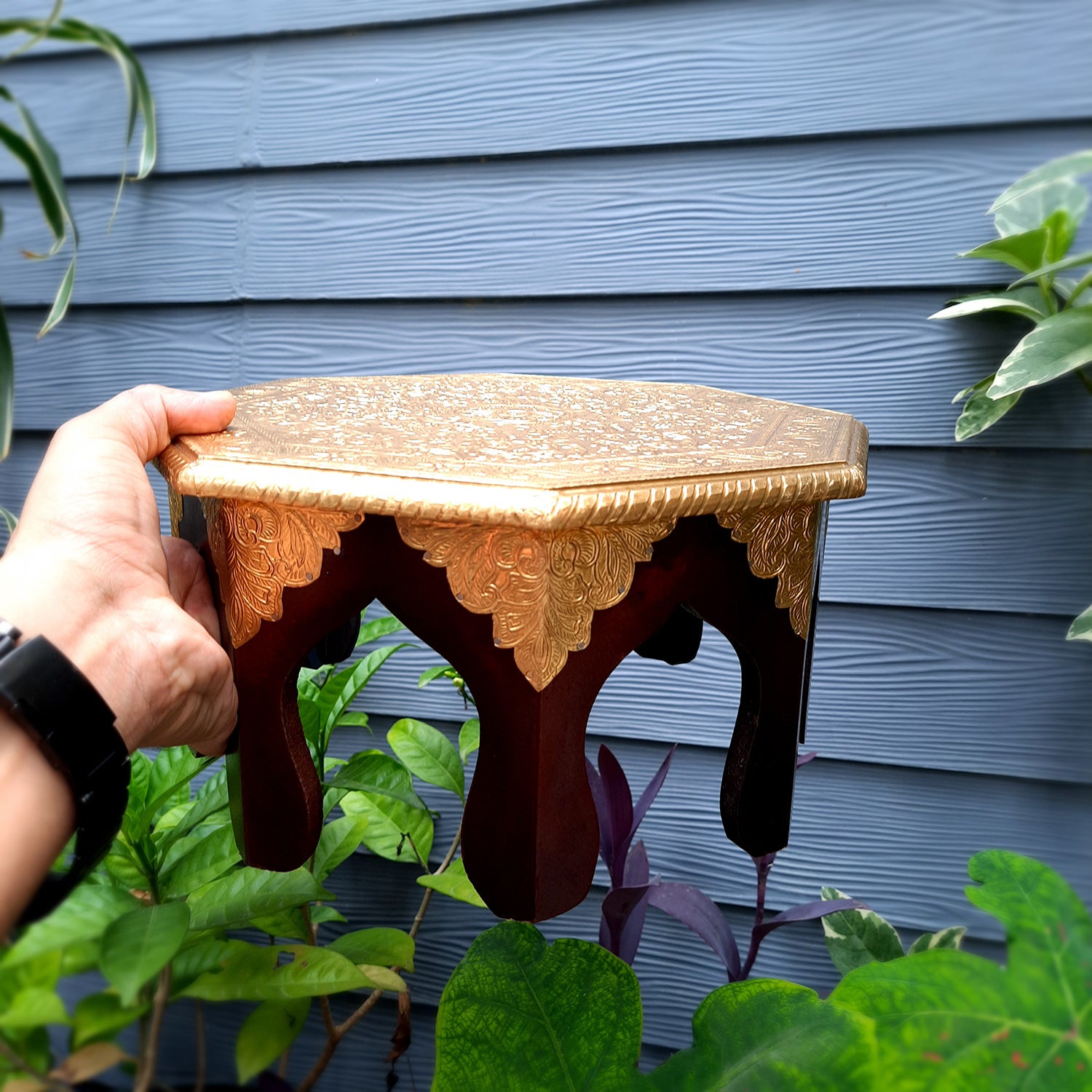 Puja Chowki Bajot Brass | Small Wooden Stool - 13 Inch - For Sitting, Puja, Home & Corner Decor - apkamart