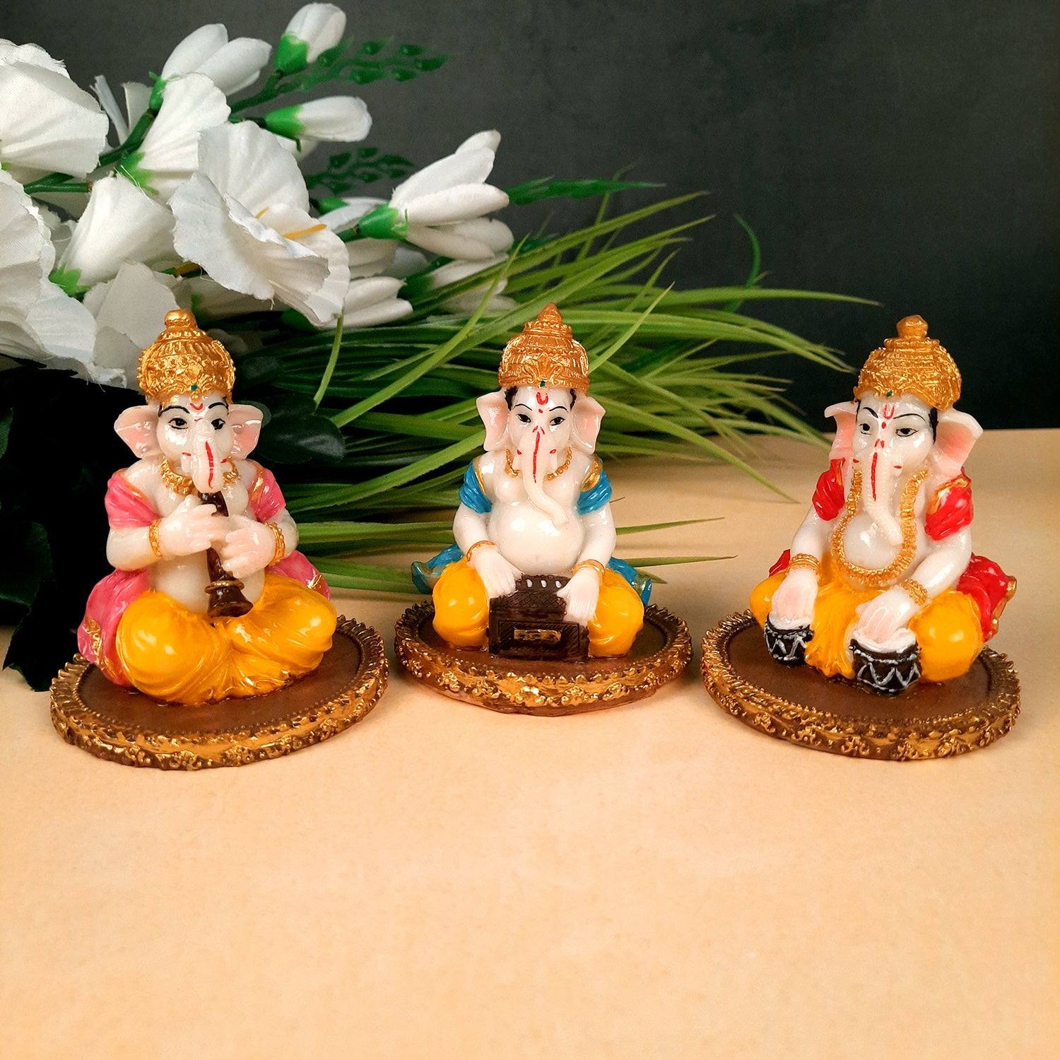 Ganesh Idol | Ganesha Statue - for Pooja, Home & Table Decor | Ganpati Murti for Office Desk, Car Dashboard - 4 Inch (Set of 3) - apkamart