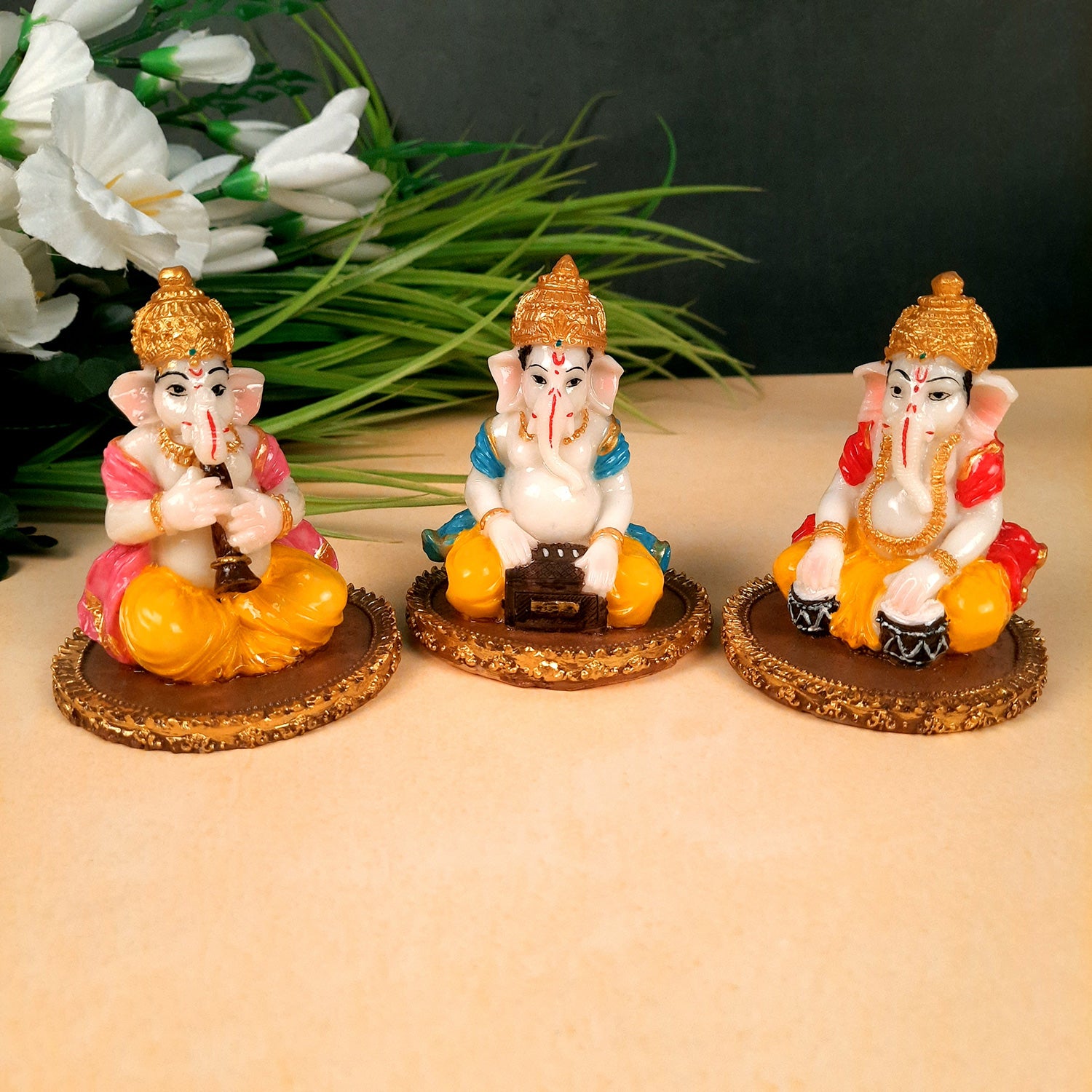 Ganesh Idol | Ganesha Statue - for Pooja, Home & Table Decor | Ganpati Murti for Office Desk, Car Dashboard - 4 Inch (Set of 3) - apkamart