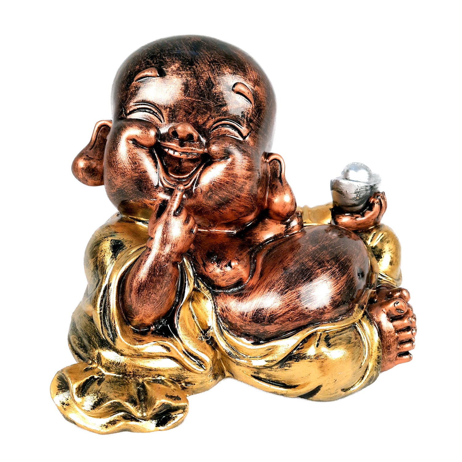 Laughing Buddha Statue Big with Rustic Look | Child Monk Showpiece with Money Bag for Wealth | For Good Luck, Home, Table & Office Décor & Gift - apkamart