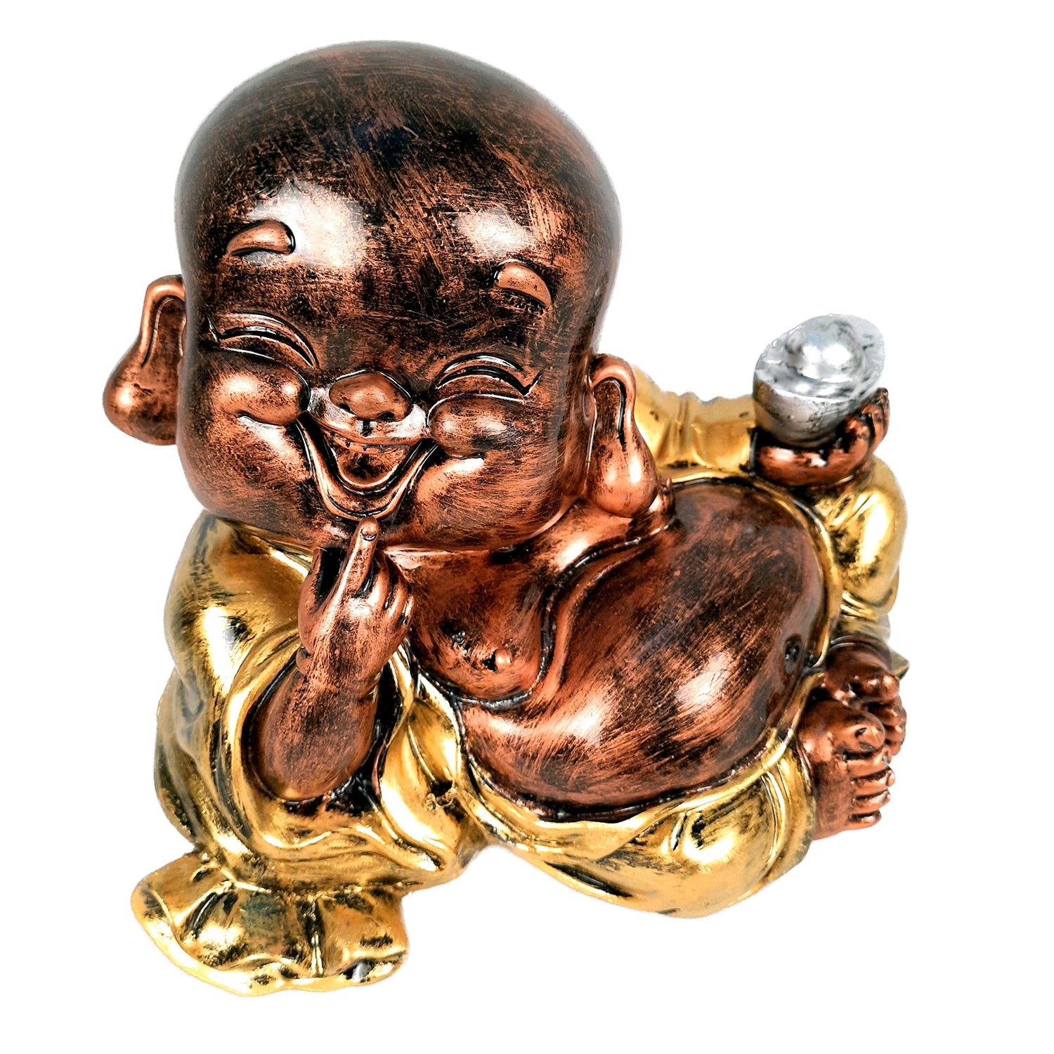Laughing Buddha Statue Big with Rustic Look | Child Monk Showpiece with Money Bag for Wealth | For Good Luck, Home, Table & Office Décor & Gift - apkamart