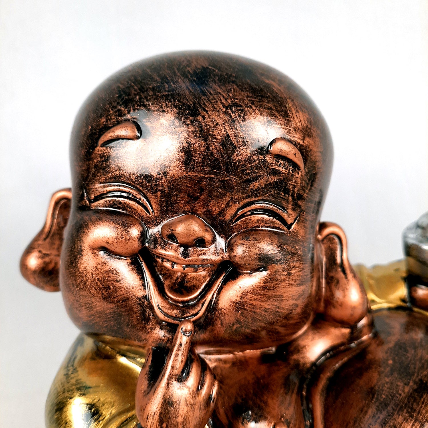 Laughing Buddha Statue Big with Rustic Look | Child Monk Showpiece with Money Bag for Wealth | For Good Luck, Home, Table & Office Décor & Gift - apkamart