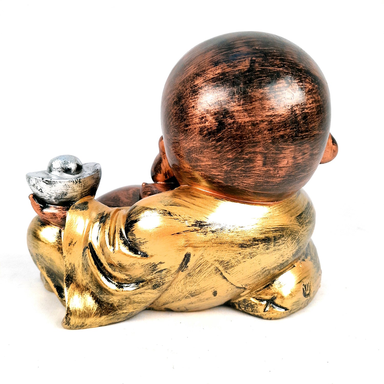 Laughing Buddha Statue Big with Rustic Look | Child Monk Showpiece with Money Bag for Wealth | For Good Luck, Home, Table & Office Décor & Gift - apkamart