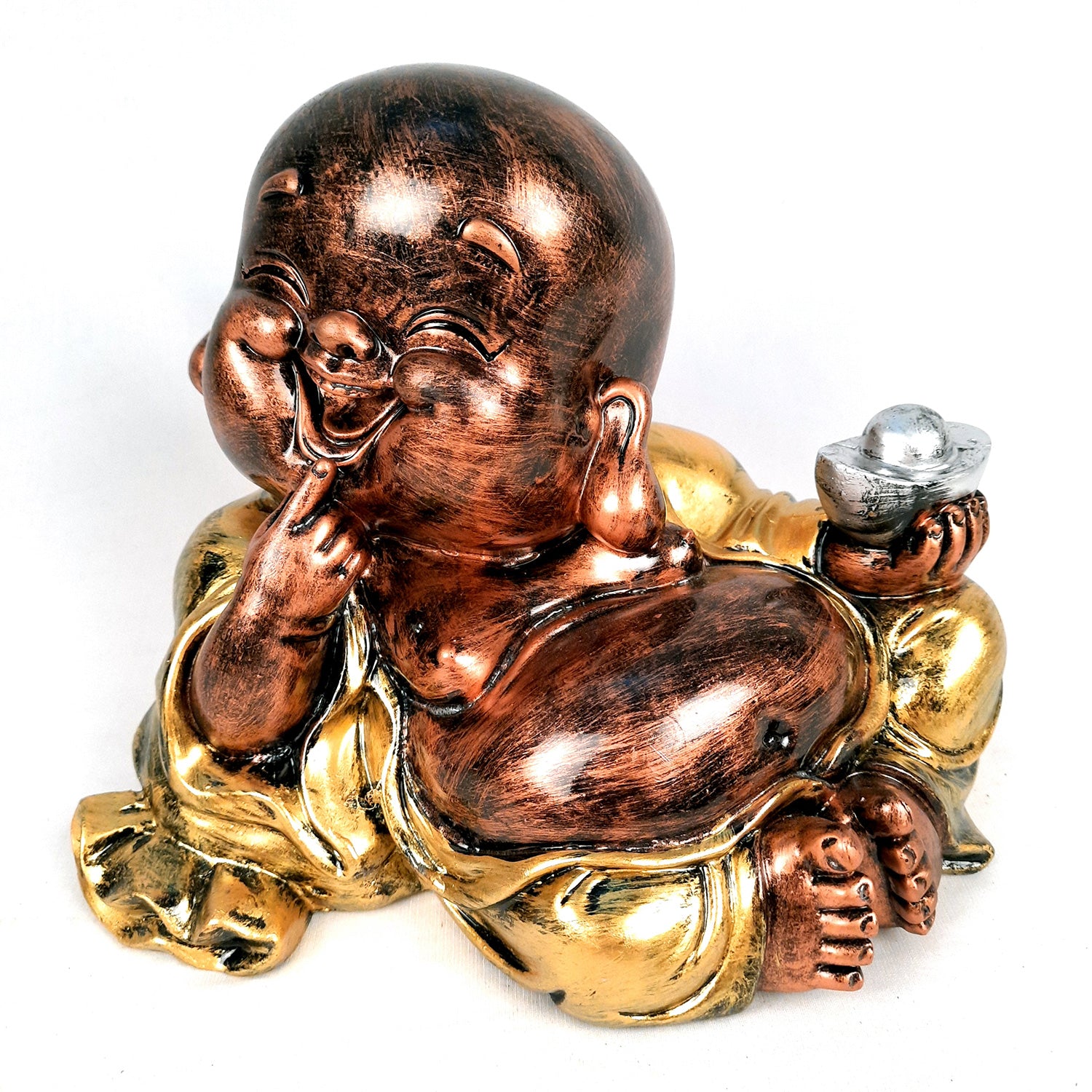 Laughing Buddha Statue Big with Rustic Look | Child Monk Showpiece with Money Bag for Wealth | For Good Luck, Home, Table & Office Décor & Gift - apkamart