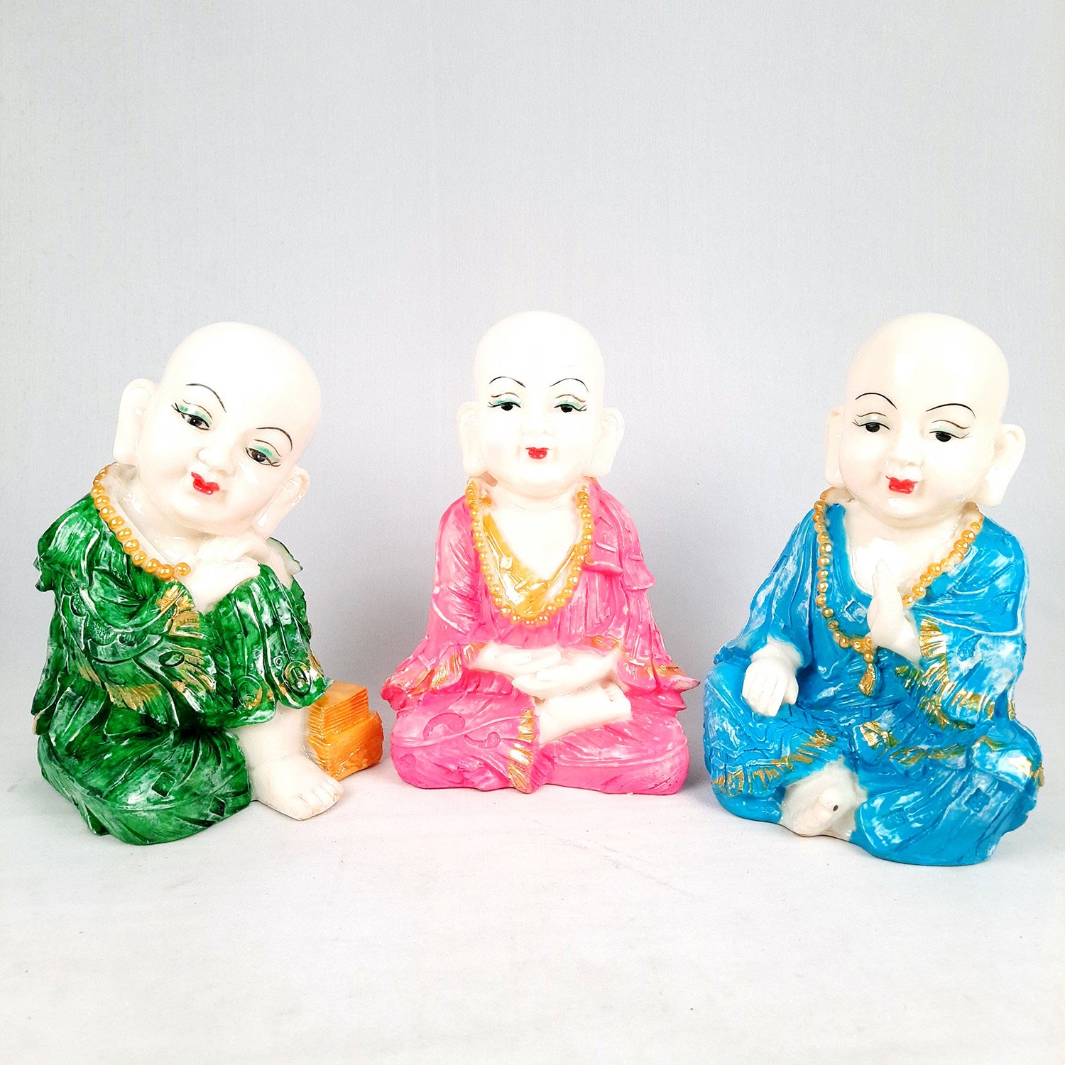 Baby Monk Showpiece Set | Feng Shui Decor - For Good Luck, Home, Table, Office Decor & Gift - 9 Inch (Pack of 3) - apkamart