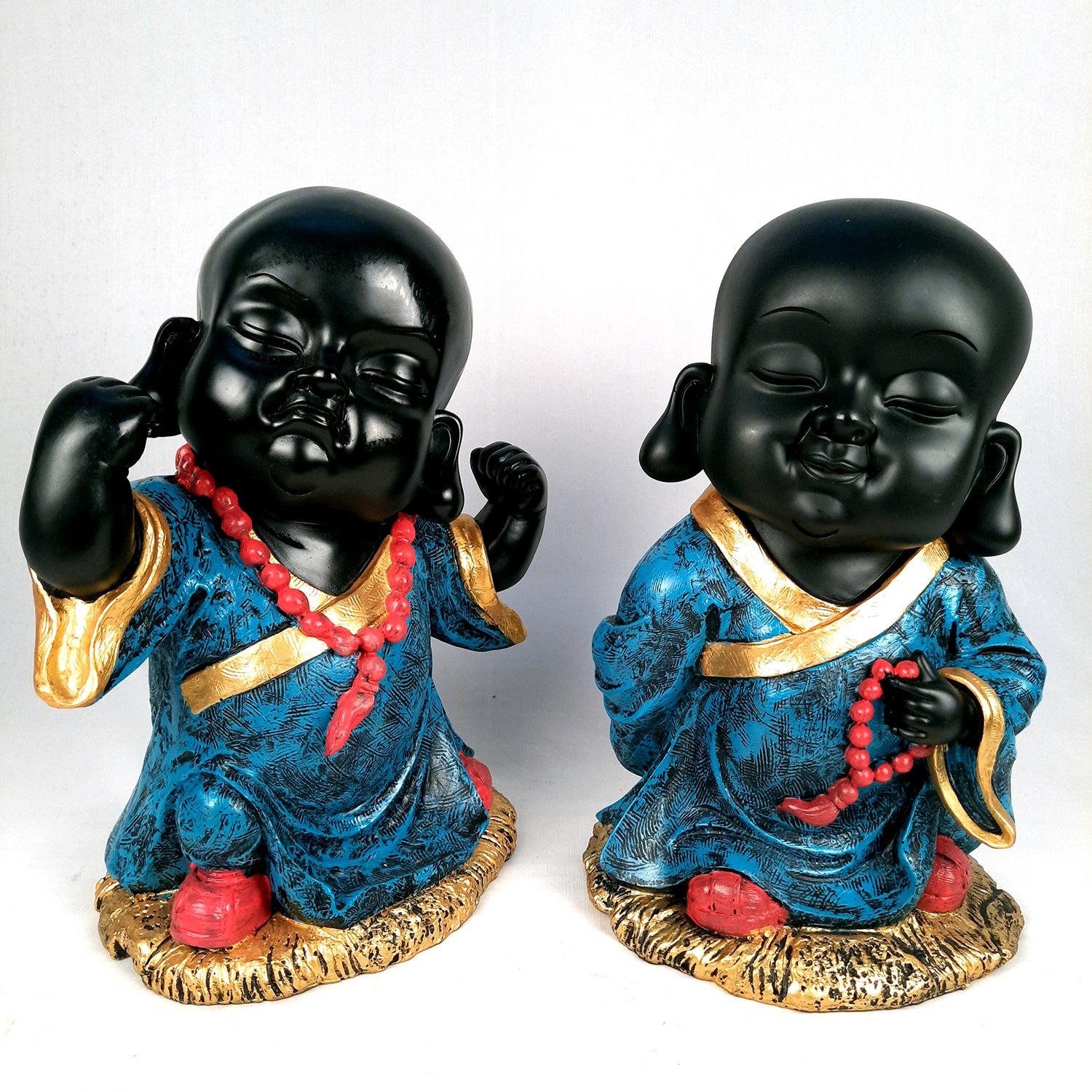 Black Baby Monk Showpiece| Feng Shui Decor - For Good Luck, Home, Table, Office Decor & Gift-13 inch (Set of 2)- Apkamart