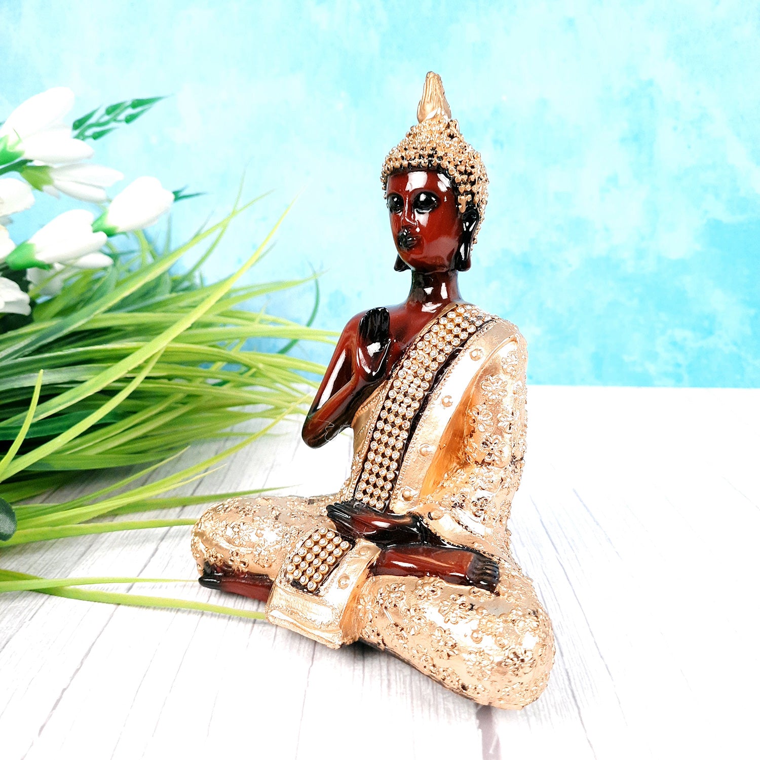 Buddha Statue with Rustic Look | Lord Gautam Buddha Showpiece in blessing Pose - For Living room, Home, Table, Office Decor & Gift - 8 Inch - apkamart