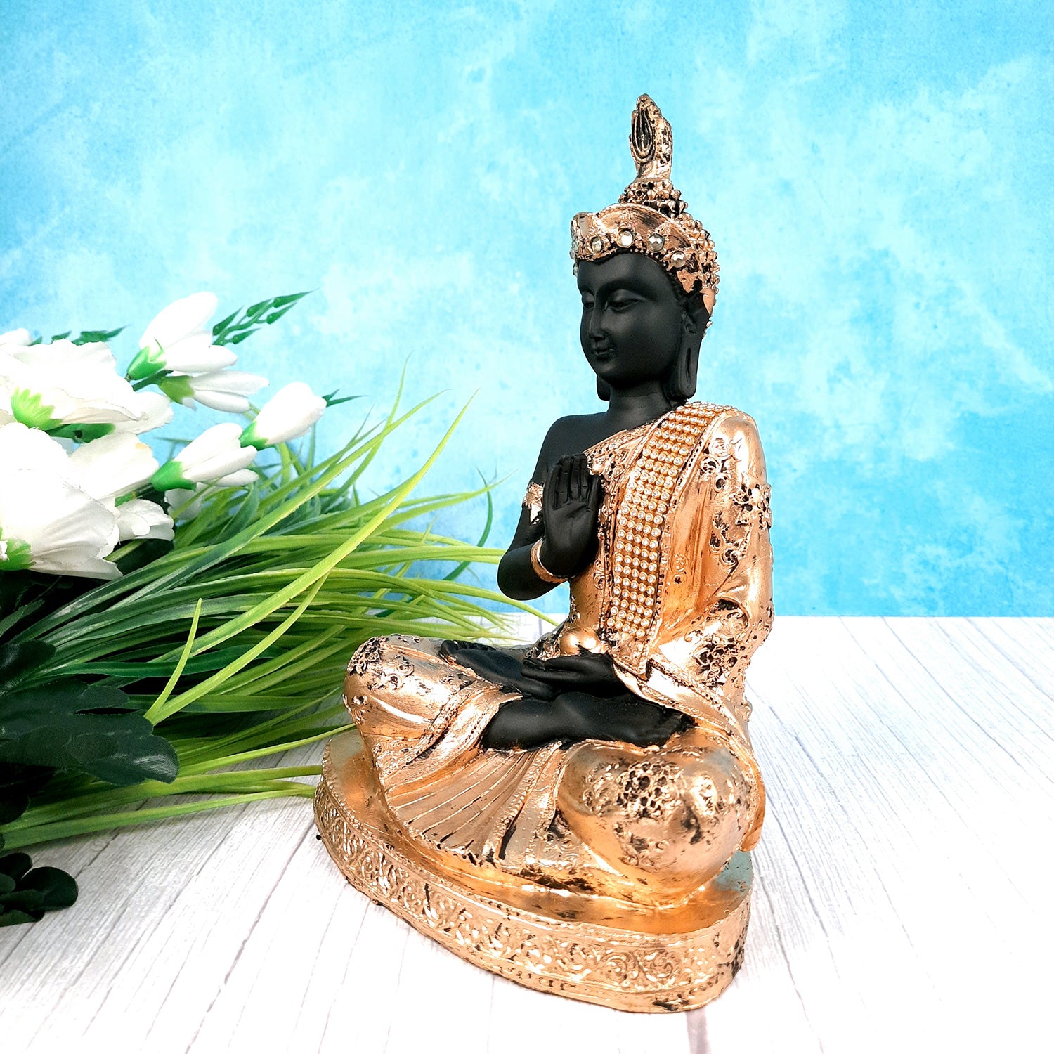 Buddha Statue with Rustic Look | Lord Gautam Buddha Showpiece in Meditation Design - For Living room, Home, Table, Office Decor & Gift - 10 Inch - apkamart