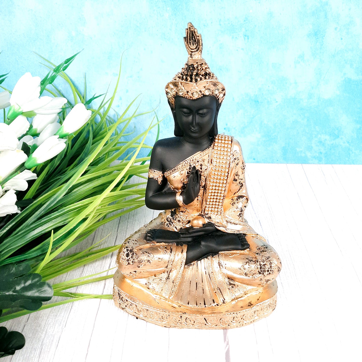 Buddha Statue with Rustic Look | Lord Gautam Buddha Showpiece in Meditation Design - For Living room, Home, Table, Office Decor & Gift - 10 Inch - apkamart