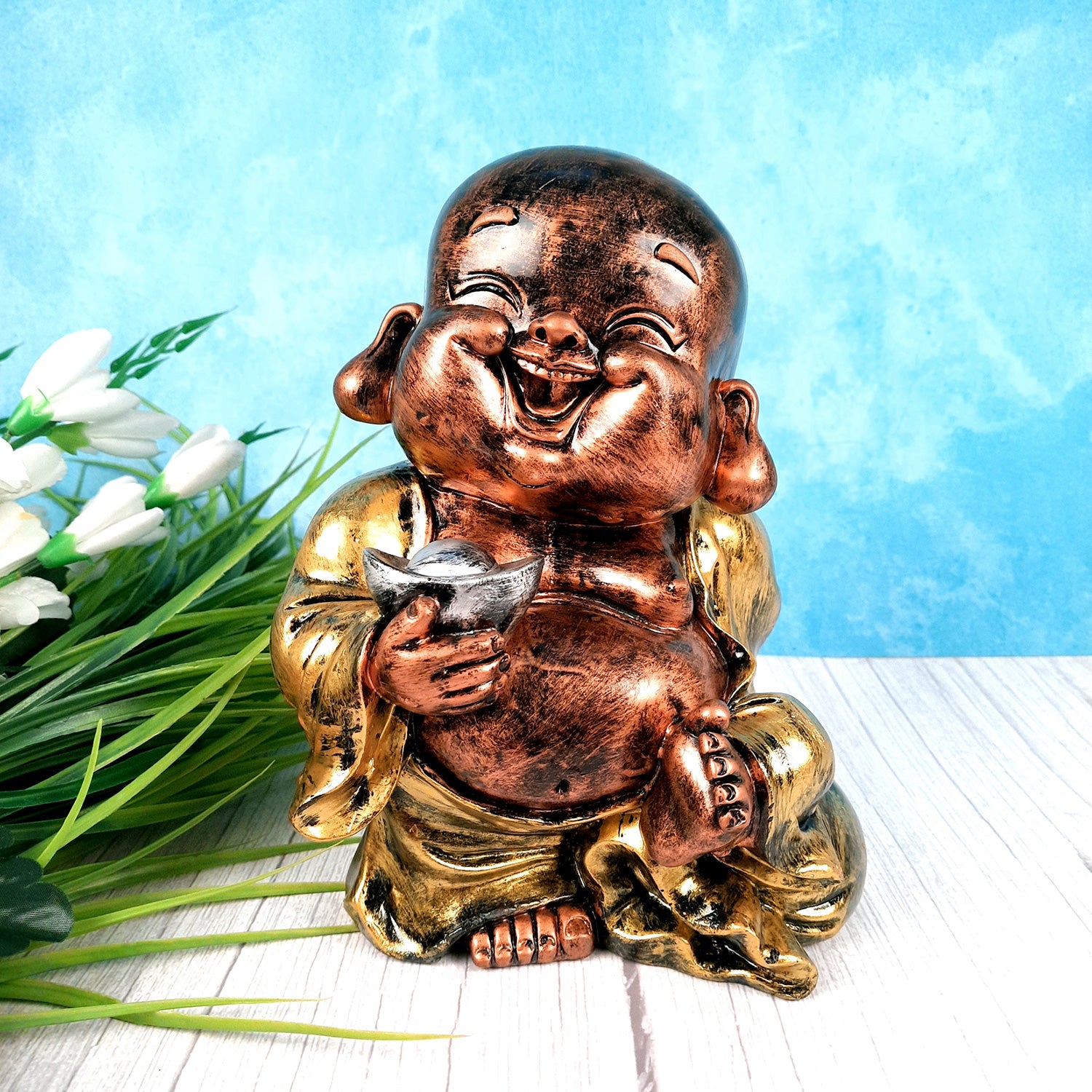 Laughing Buddha Showpiece | Baby Monk Statue - for Happiness, Positivity, Home Decor & Gift - 8 Inch - apkamart