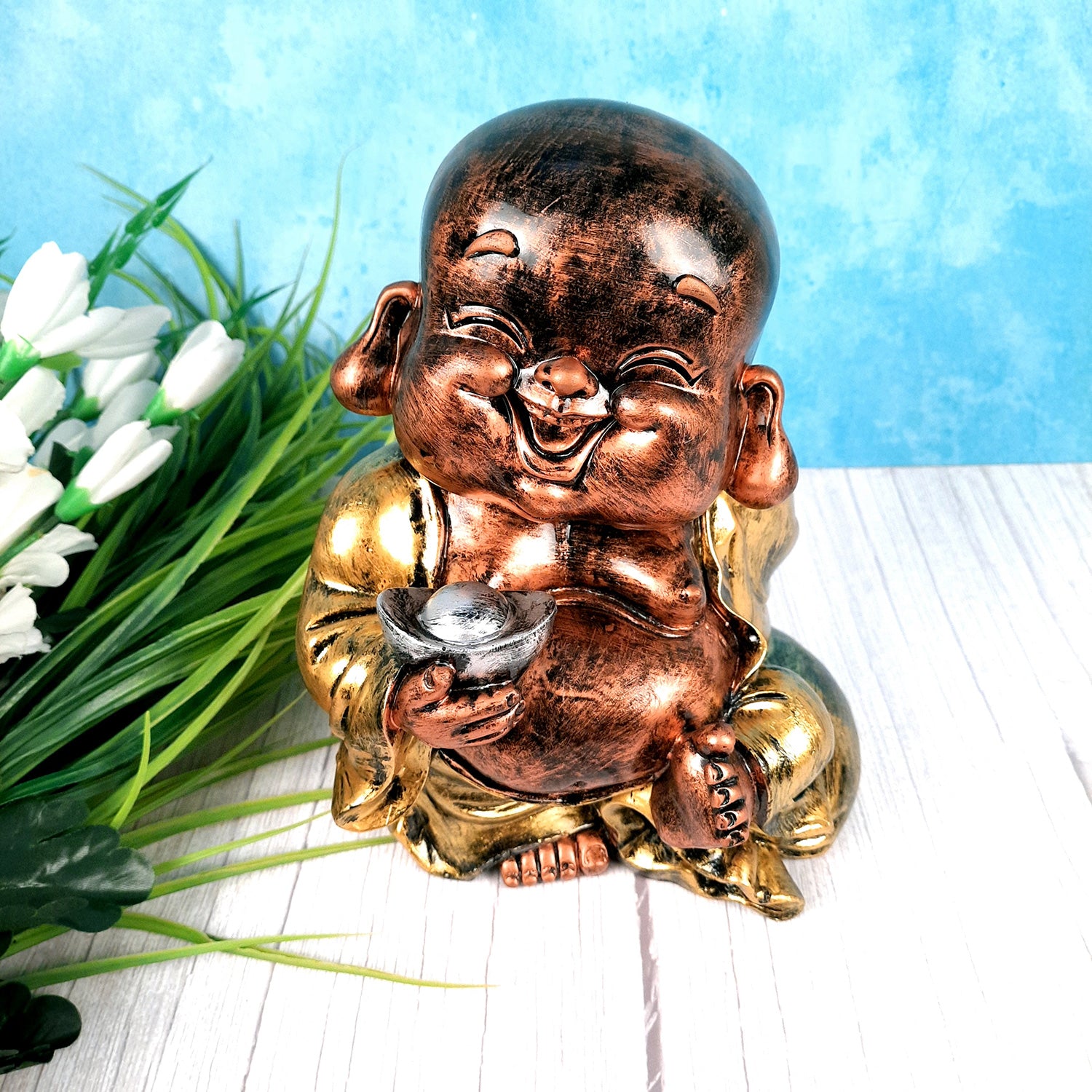 Laughing Buddha Showpiece | Baby Monk Statue - for Happiness, Positivity, Home Decor & Gift - 8 Inch - apkamart