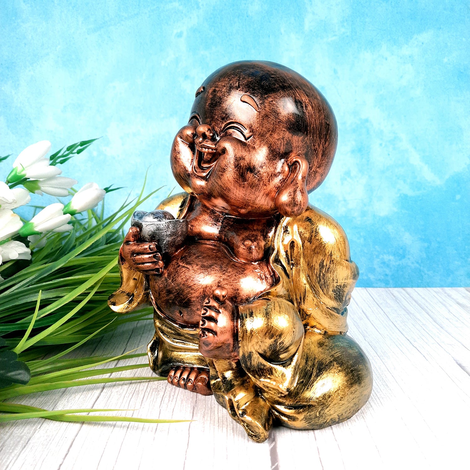 Laughing Buddha Showpiece | Baby Monk Statue - for Happiness, Positivity, Home Decor & Gift - 8 Inch - apkamart