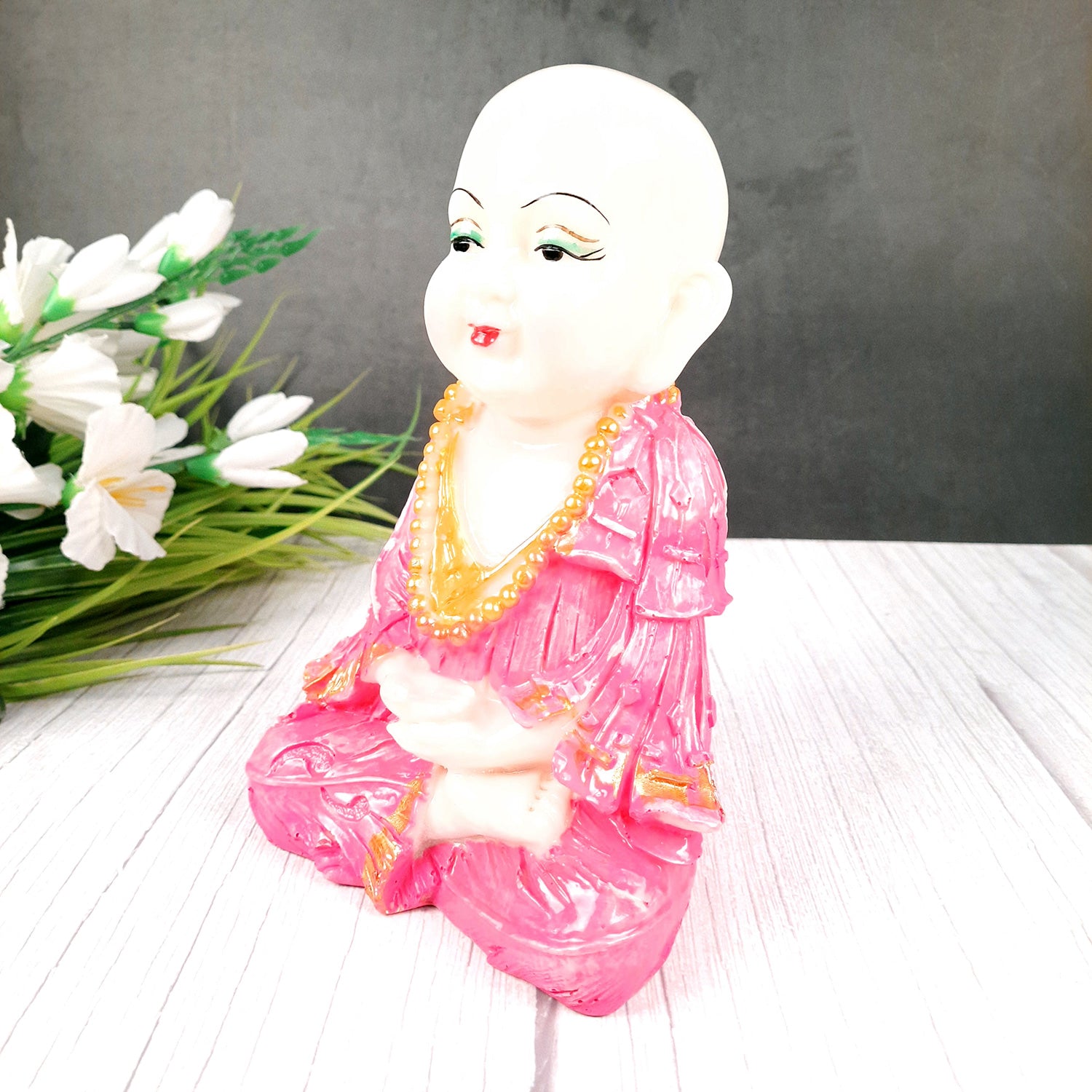 Buddha Monk Showpiece Set | Feng Shui Child Monk Statue - for Home & Table Decor, Health, Wealth & Gift - 9 Inch - Apkamart #Colour_Pink