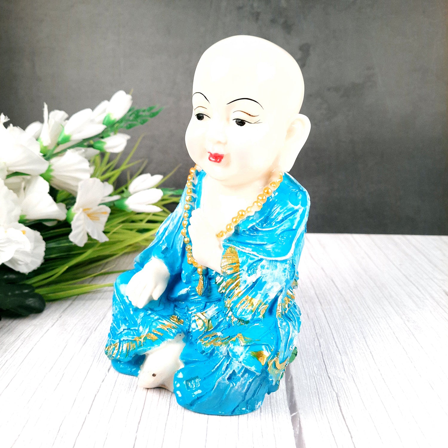 Buddha Monk Showpiece Set | Feng Shui Child Monk Statue - for Home & Table Decor, Health, Wealth & Gift - 9 Inch - Apkamart #Colour_Blue