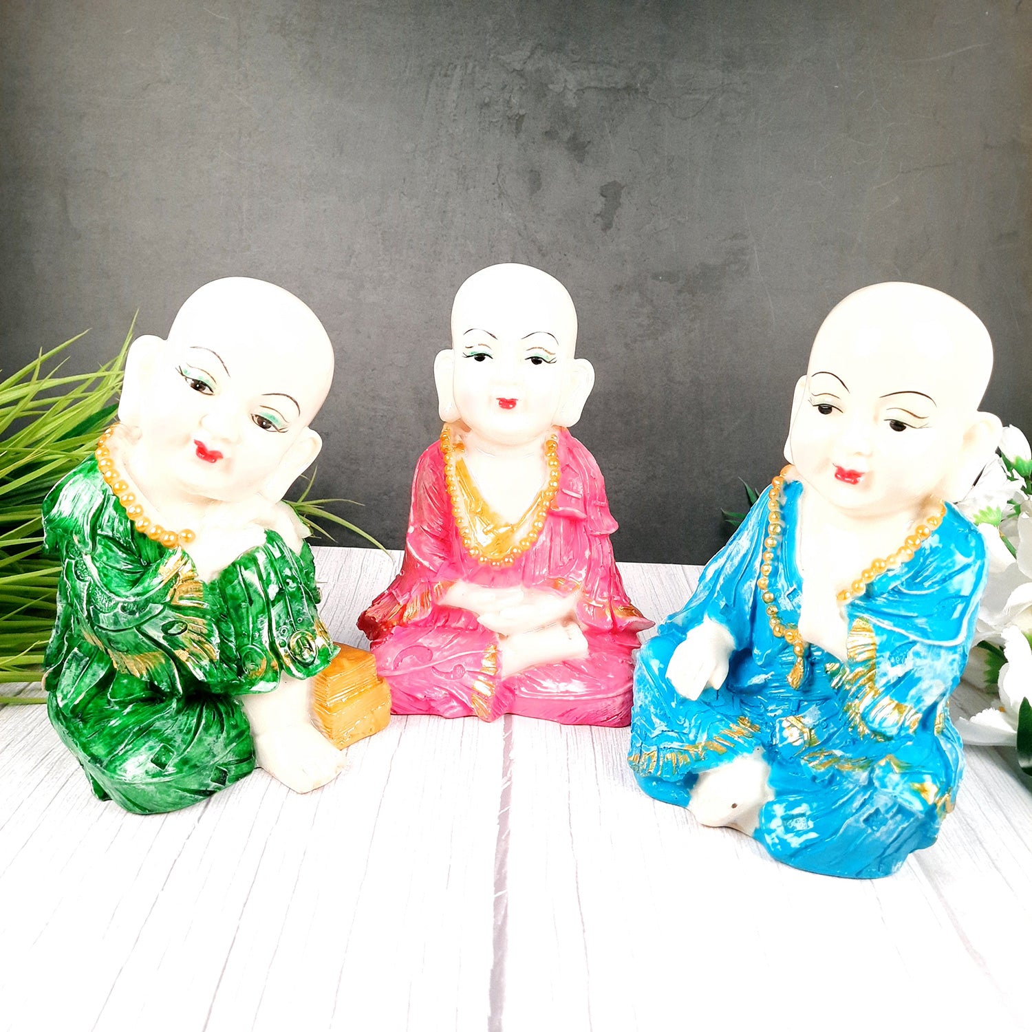 Baby Monk Showpiece Set | Feng Shui Decor - For Good Luck, Home, Table, Office Decor & Gift - 9 Inch (Pack of 3) - apkamart