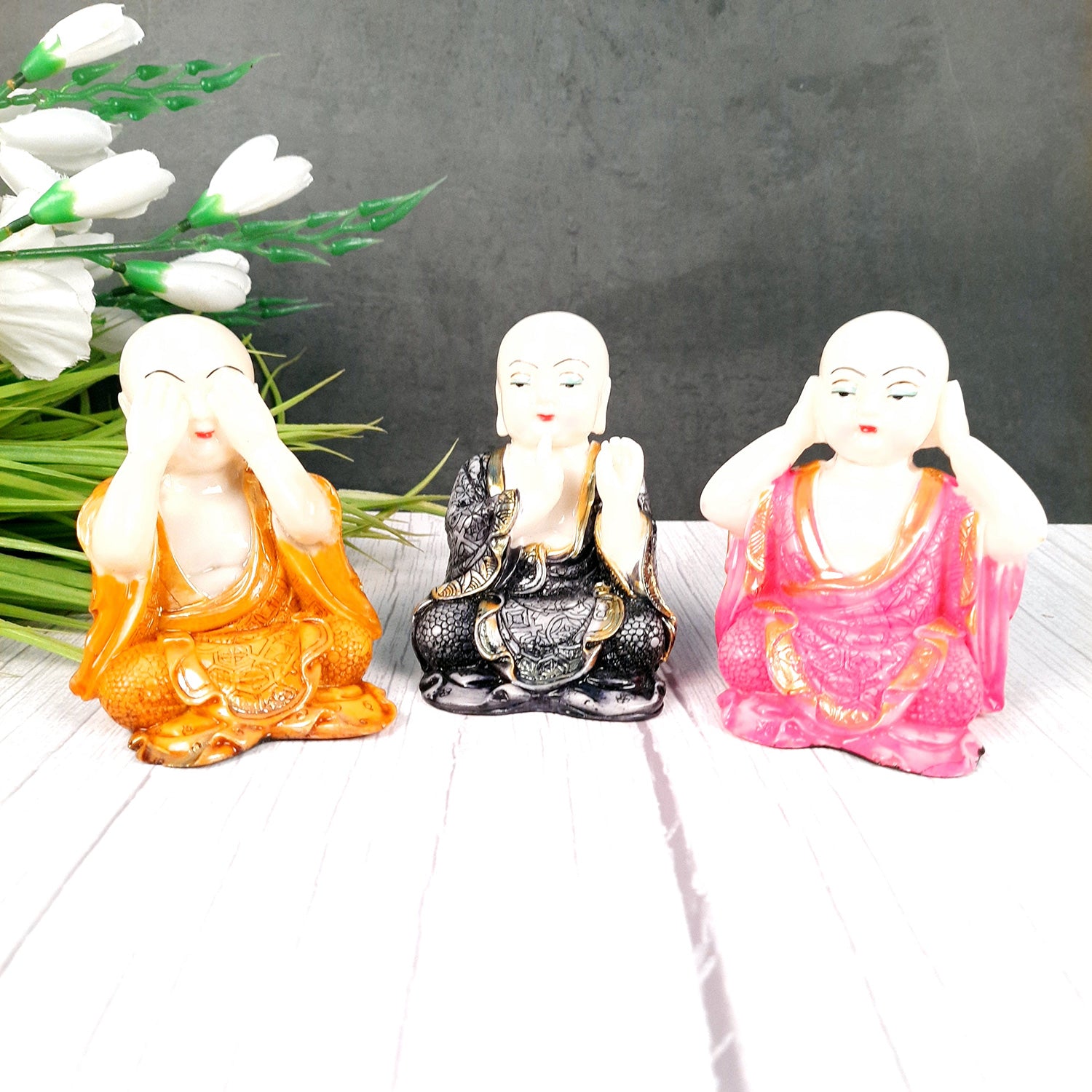 Baby Monk Showpiece - for Car Dashboard - 4 Inch (Set of 3)-apkamart