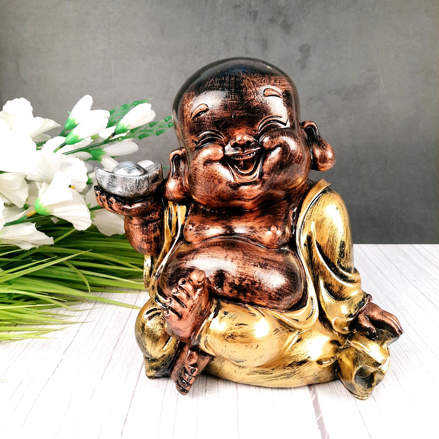 Laughing Buddha Showpiece For Good Luck | Baby Monk Statue - for Money, Happiness, Positivity, Home Decor & Gift - 8 Inch - apkamart