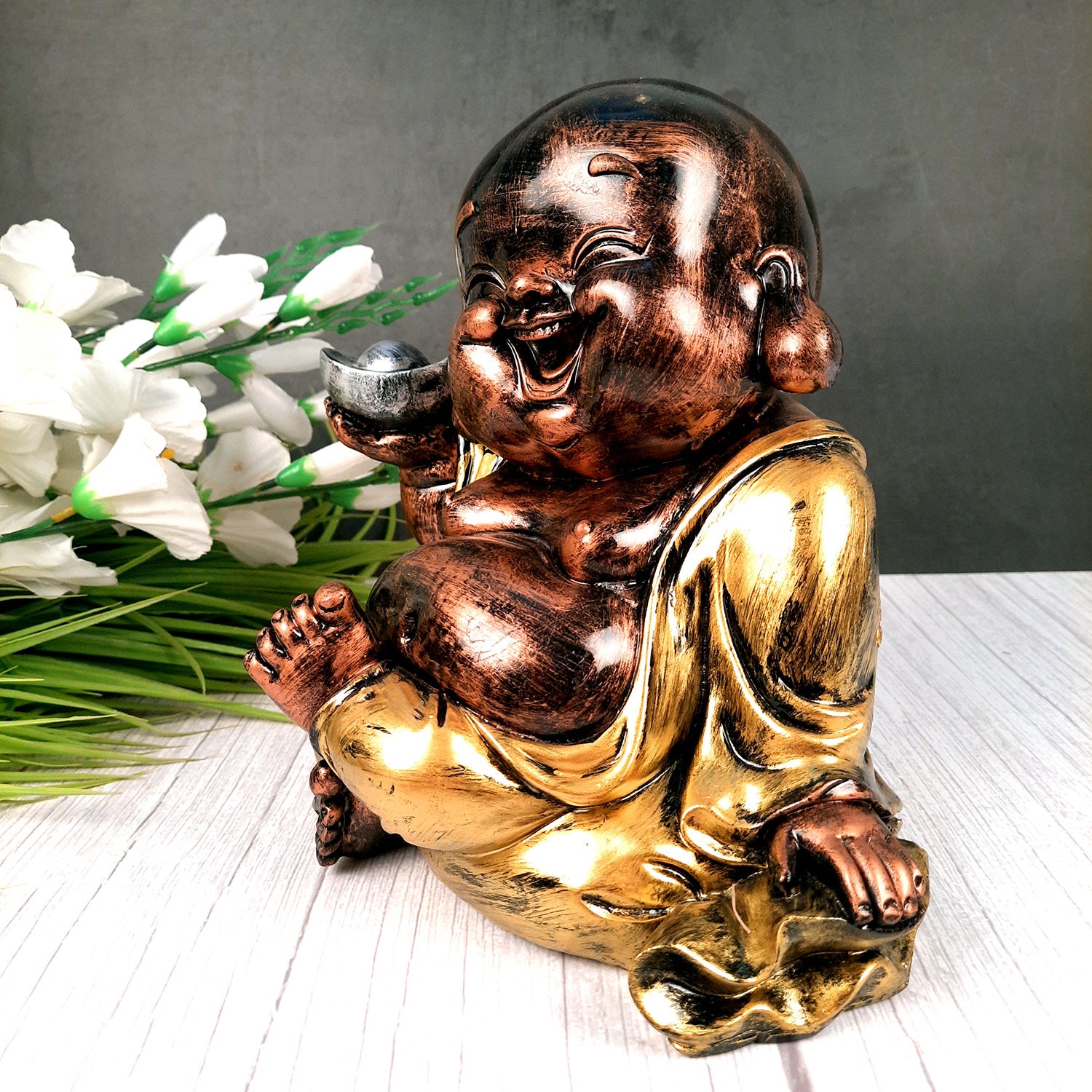Laughing Buddha Showpiece For Good Luck | Baby Monk Statue - for Money, Happiness, Positivity, Home Decor & Gift - 8 Inch - apkamart