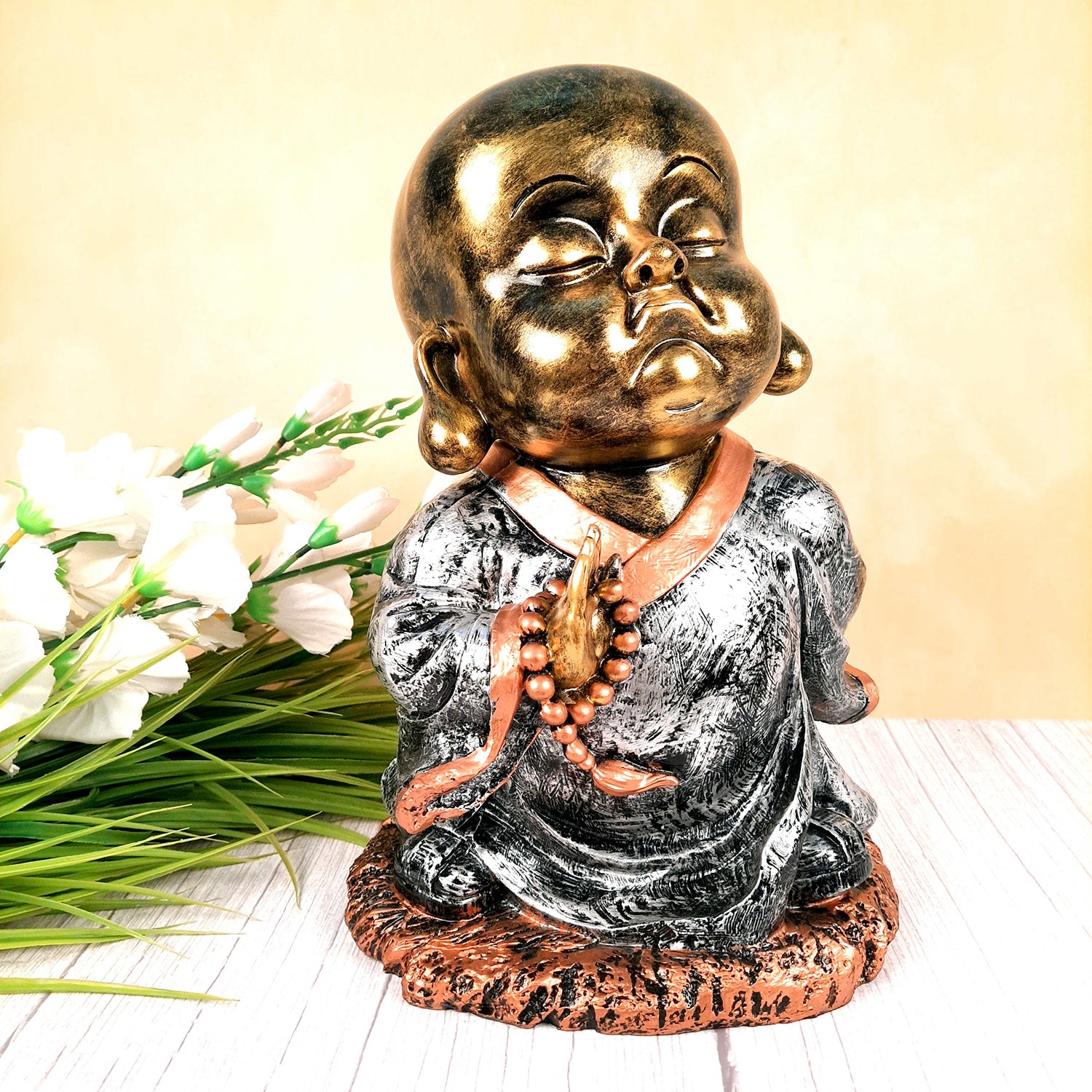 Laughing Buddha Statue Big with Rustic Look | Baby Monk Showpiece with Money Bag for Wealth | For Good Luck, Home, Table, Office Decor & Gift - 12 Inch - apkamart