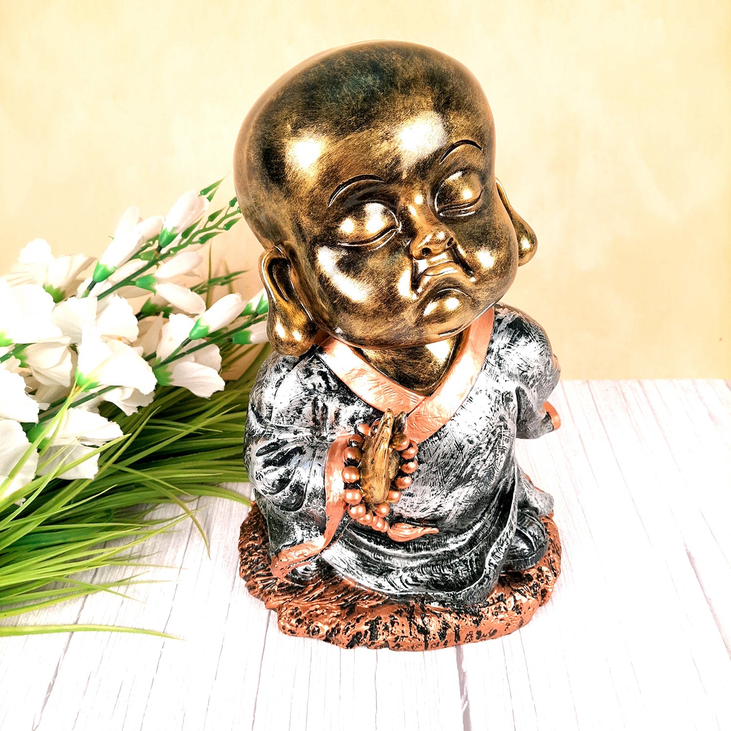 Laughing Buddha Statue Big with Rustic Look | Baby Monk Showpiece with Money Bag for Wealth | For Good Luck, Home, Table, Office Decor & Gift - 12 Inch - apkamart