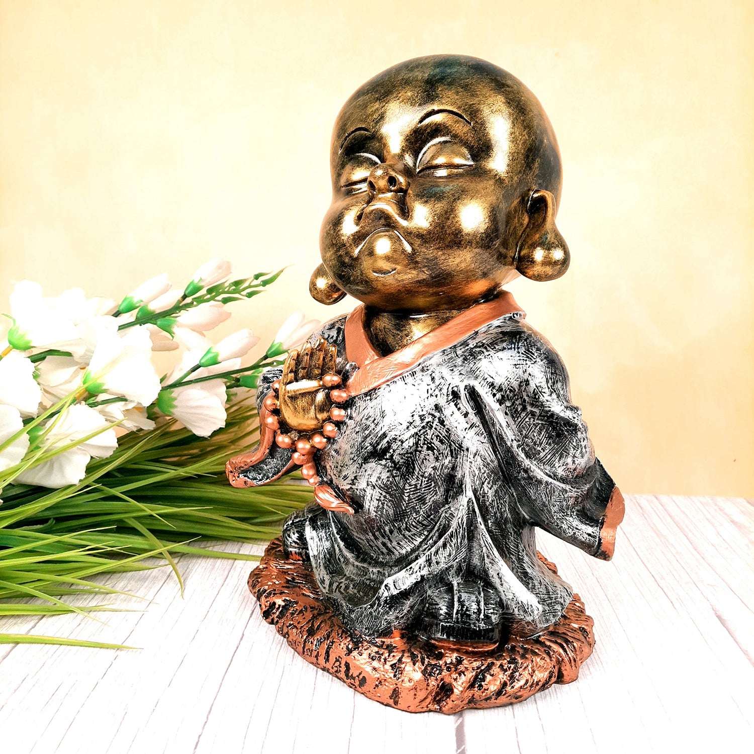 Laughing Buddha Statue Big with Rustic Look | Baby Monk Showpiece with Money Bag for Wealth | For Good Luck, Home, Table, Office Decor & Gift - 12 Inch - apkamart