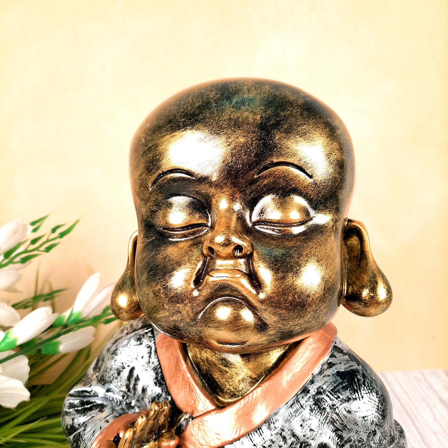 Laughing Buddha Statue Big with Rustic Look | Baby Monk Showpiece with Money Bag for Wealth | For Good Luck, Home, Table, Office Decor & Gift - 12 Inch - apkamart