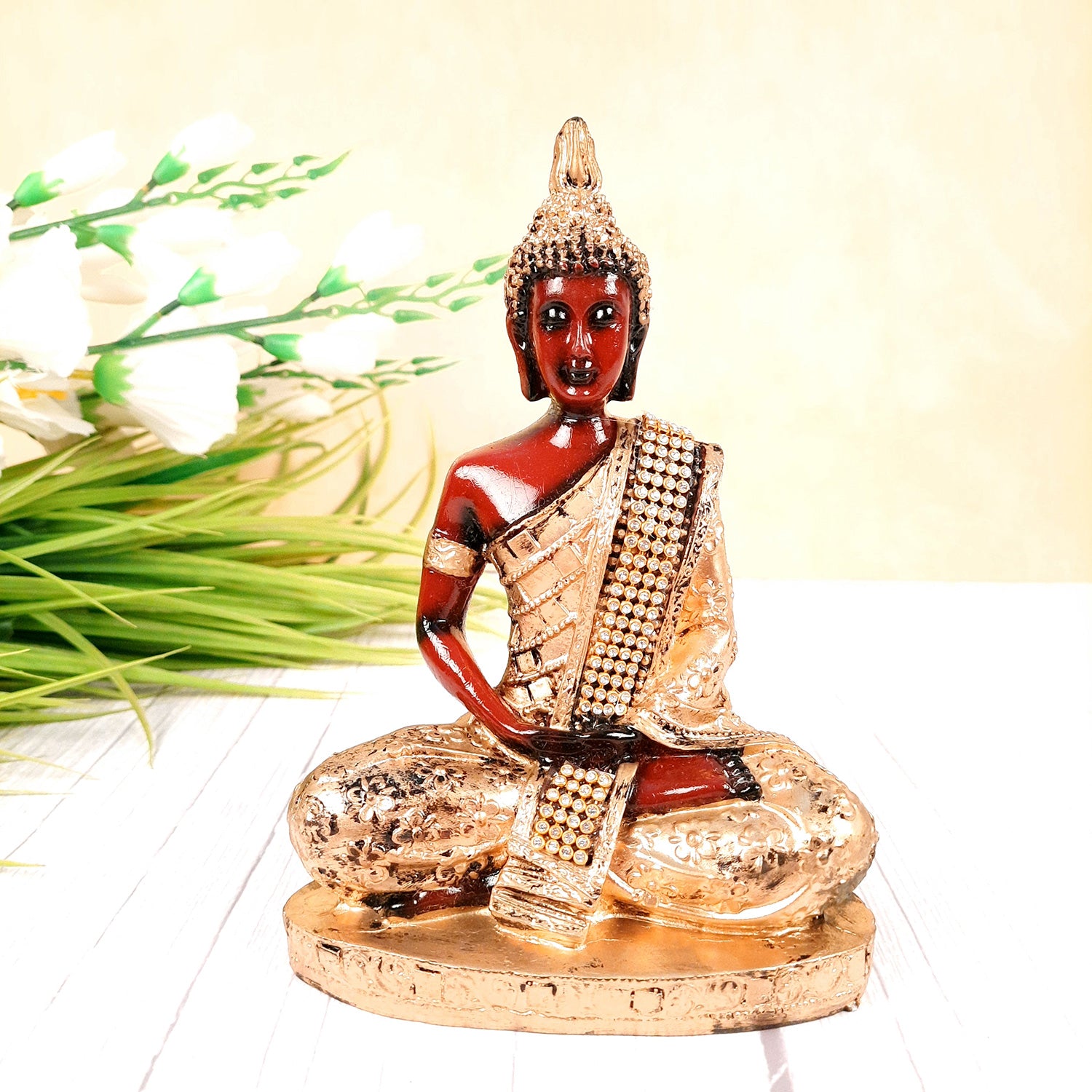 Buddha Statue with Rustic Look | Lord Gautam Buddha Showpiece in Meditation Pose - For Living room, Home, Table, Office Decor & Gift - 8 Inch - apkamart