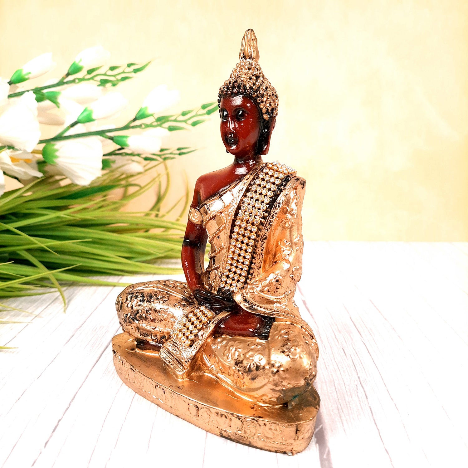Buddha Statue with Rustic Look | Lord Gautam Buddha Showpiece in Meditation Pose - For Living room, Home, Table, Office Decor & Gift - 8 Inch - apkamart