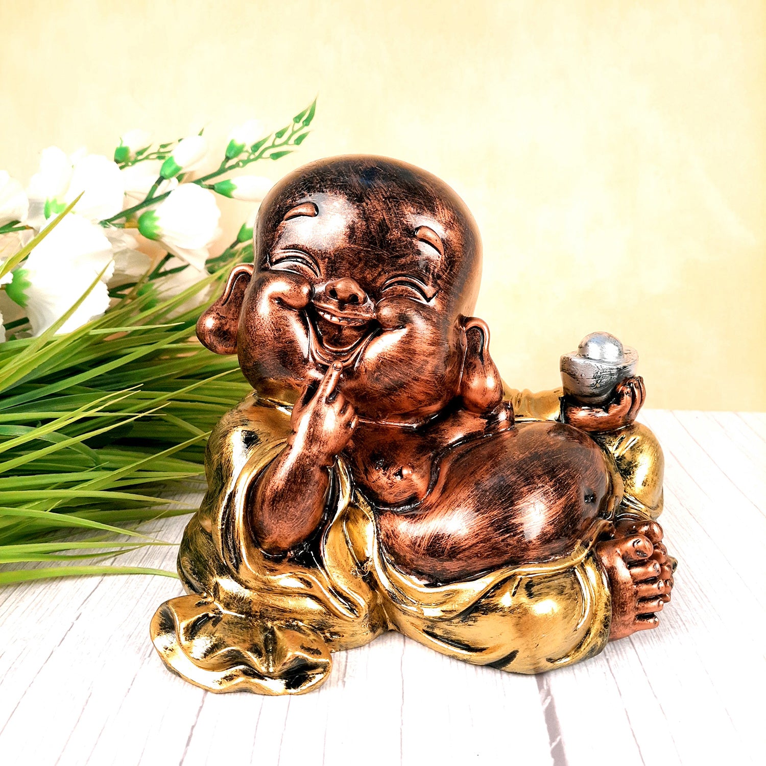 Laughing Buddha Statue Big with Rustic Look | Child Monk Showpiece with Money Bag for Wealth | For Good Luck, Home, Table & Office Décor & Gift - apkamart