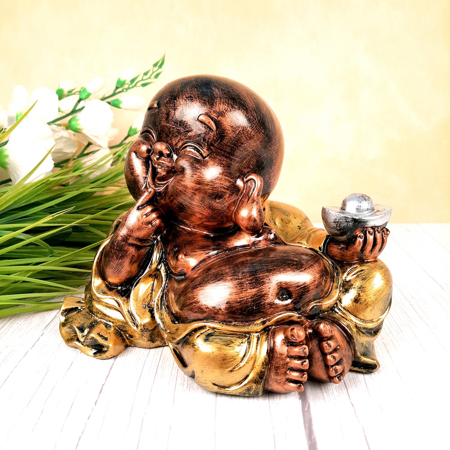 Laughing Buddha Statue Big with Rustic Look | Child Monk Showpiece with Money Bag for Wealth | For Good Luck, Home, Table & Office Décor & Gift - apkamart