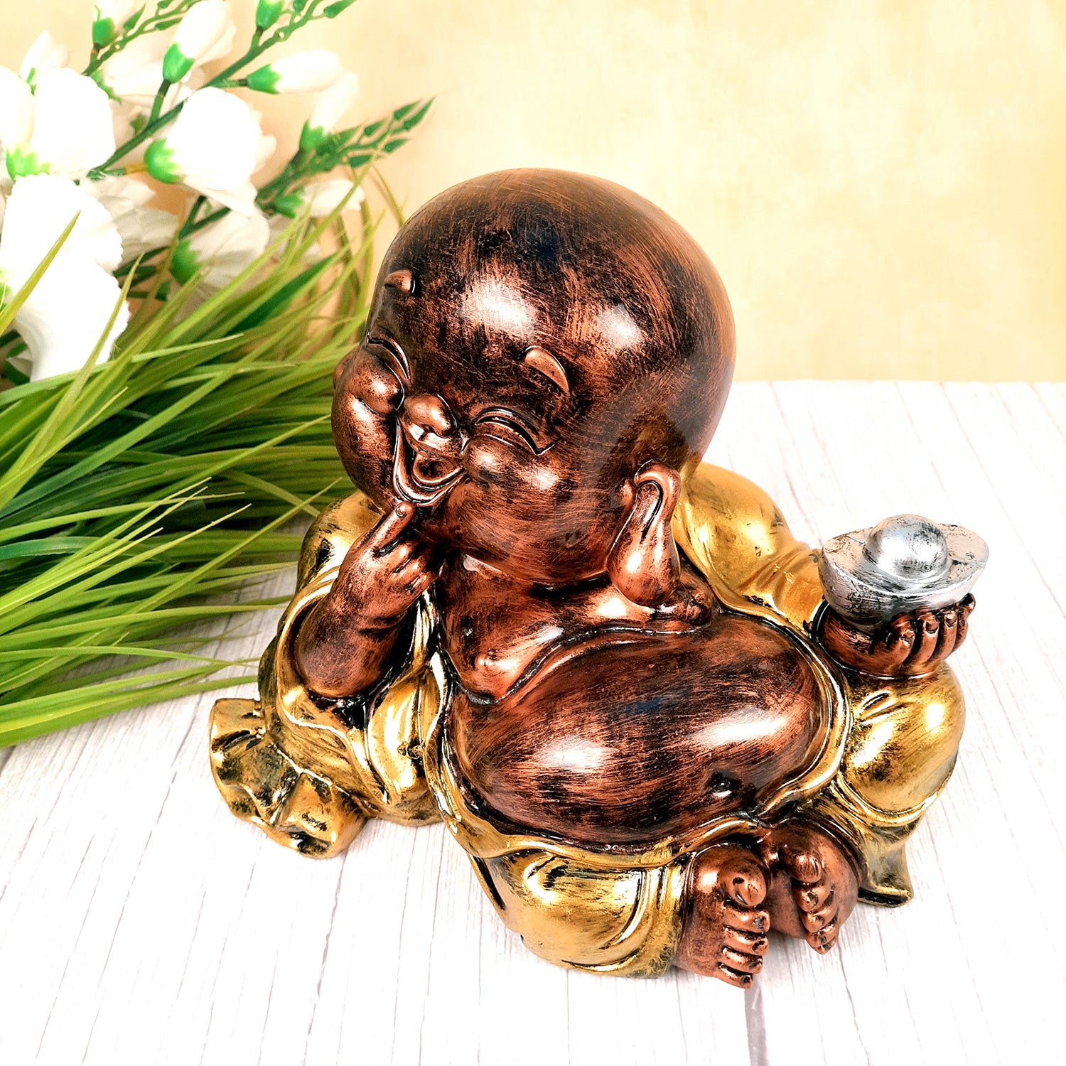 Laughing Buddha Statue Big with Rustic Look | Child Monk Showpiece with Money Bag for Wealth | For Good Luck, Home, Table & Office Décor & Gift - apkamart