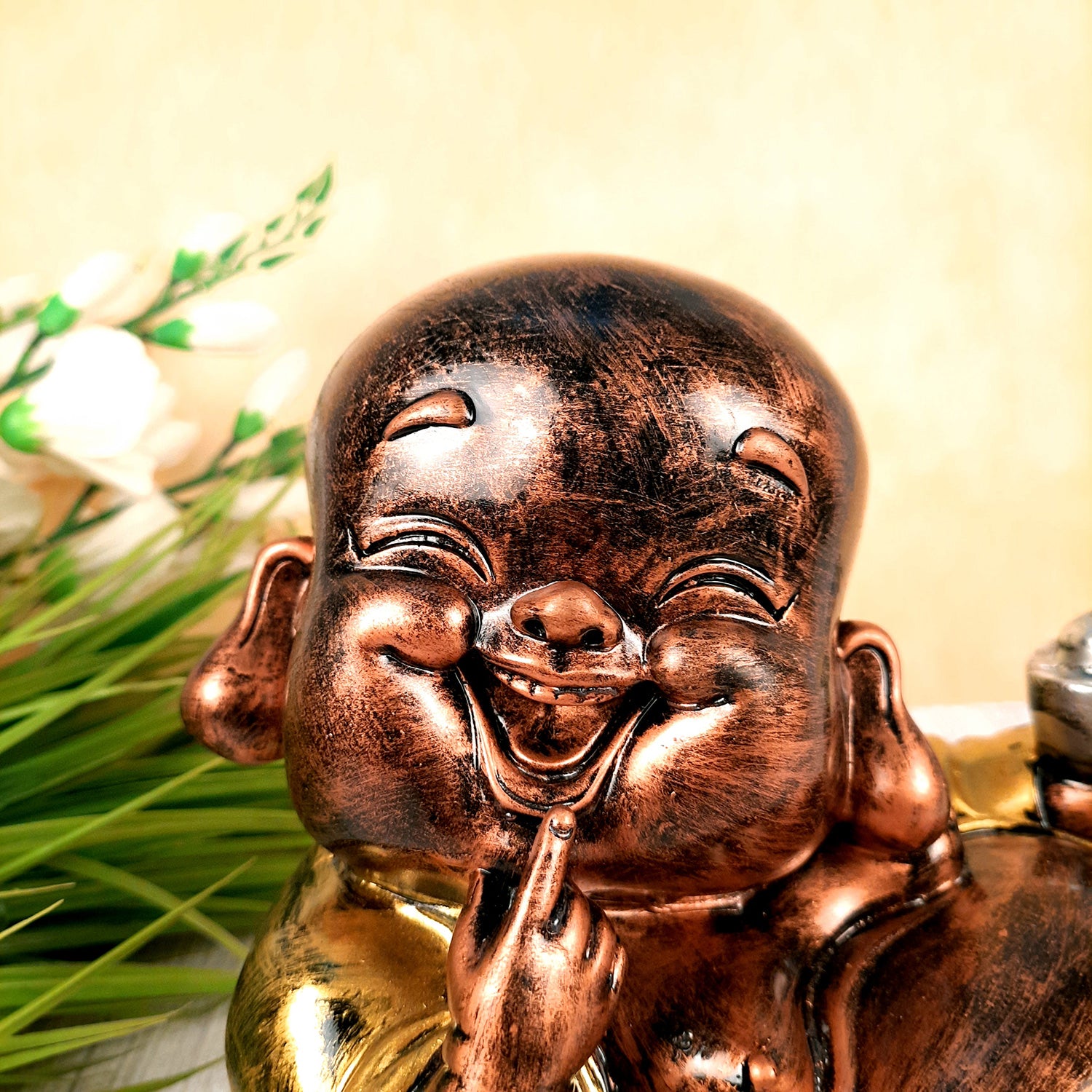 Laughing Buddha Statue Big with Rustic Look | Child Monk Showpiece with Money Bag for Wealth | For Good Luck, Home, Table & Office Décor & Gift - apkamart