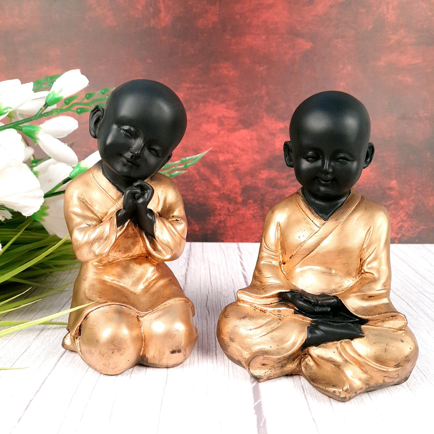 Baby Monk Showpiece | Feng Shui Decor - For Good Luck, Home, Table, Office Decor & Gift - 7 inch (Set of 2)- Apkamart