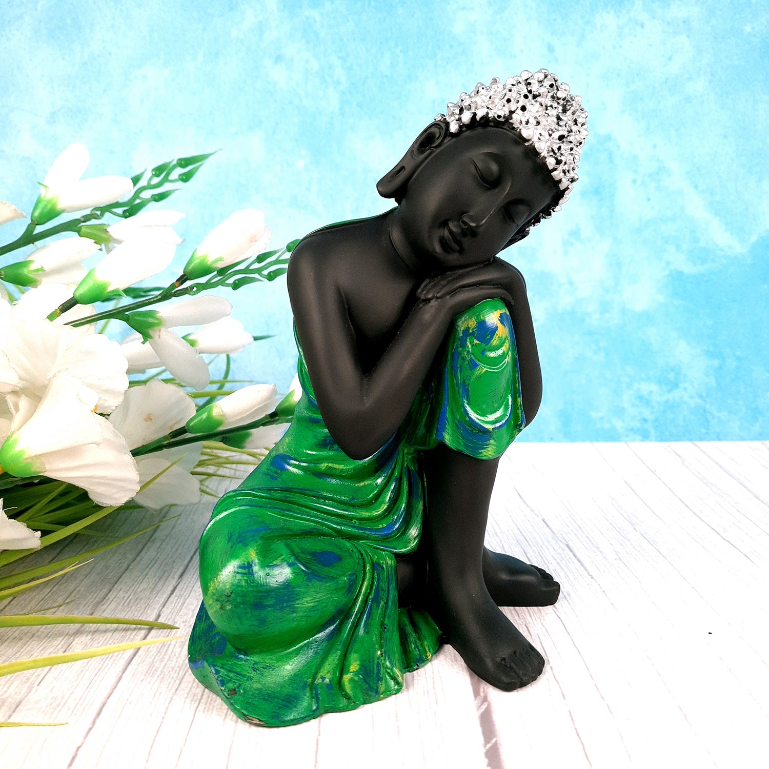 Buddha Statue with Rustic Look | Lord Gautam Buddha Showpiece in Relaxing Pose - For Living room, Home, Table, Office Decor & Gift - 8 Inch - apkamart