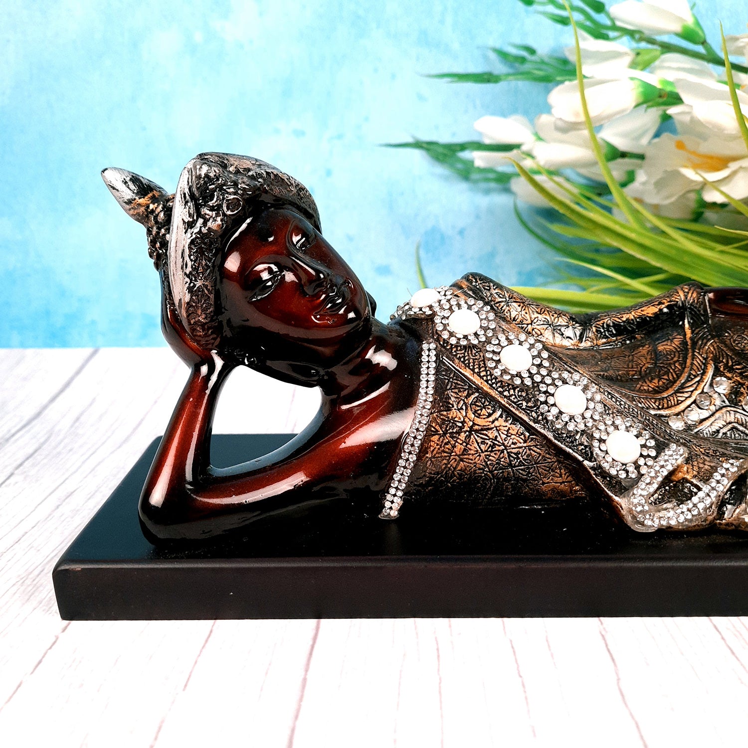 Buddha Statue with Rustic Look | Lord Gautam Buddha Showpiece in Sleeping Pose - For Living room, Home, Table, Office Decor & Gift- 14 Inch - apkamart