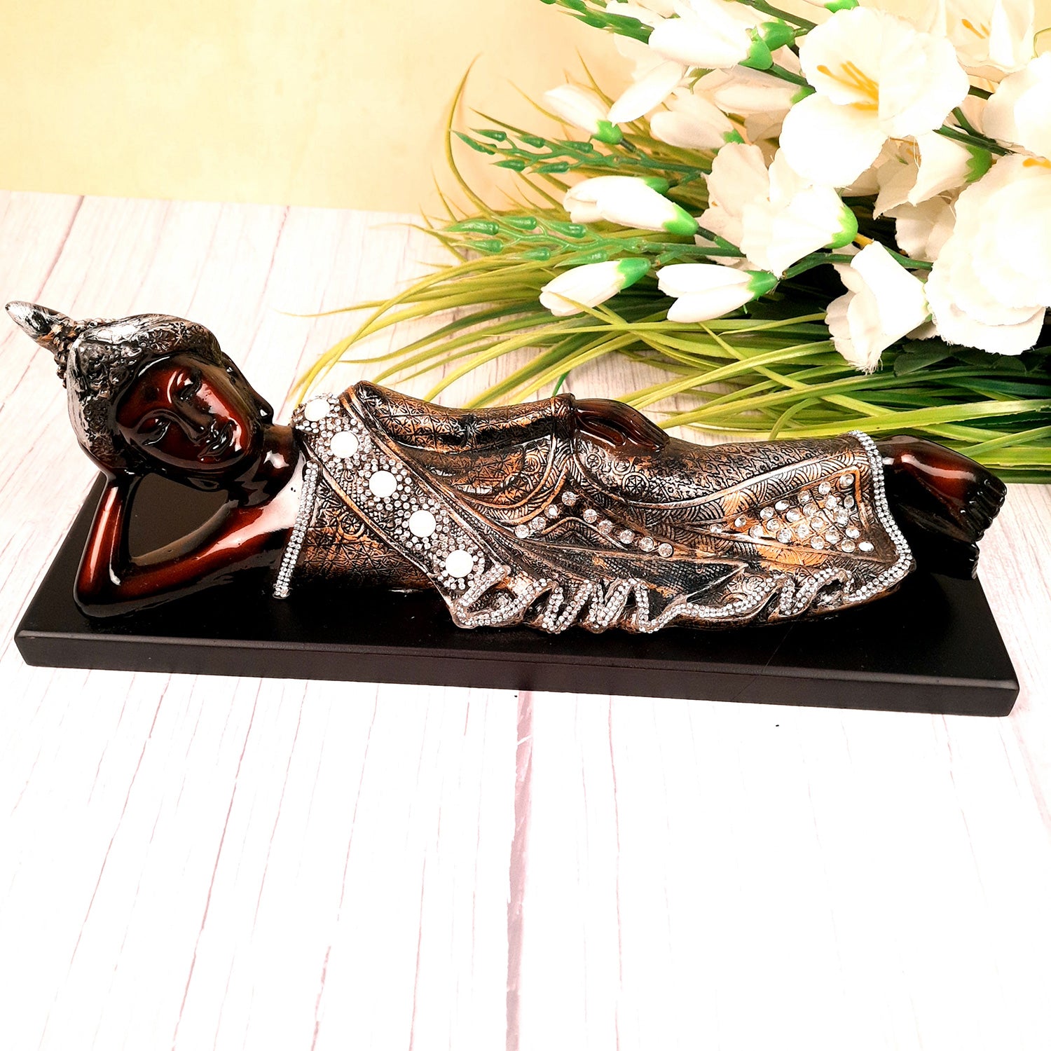 Buddha Statue with Rustic Look | Lord Gautam Buddha Showpiece in Sleeping Pose - For Living room, Home, Table, Office Decor & Gift- 14 Inch - apkamart