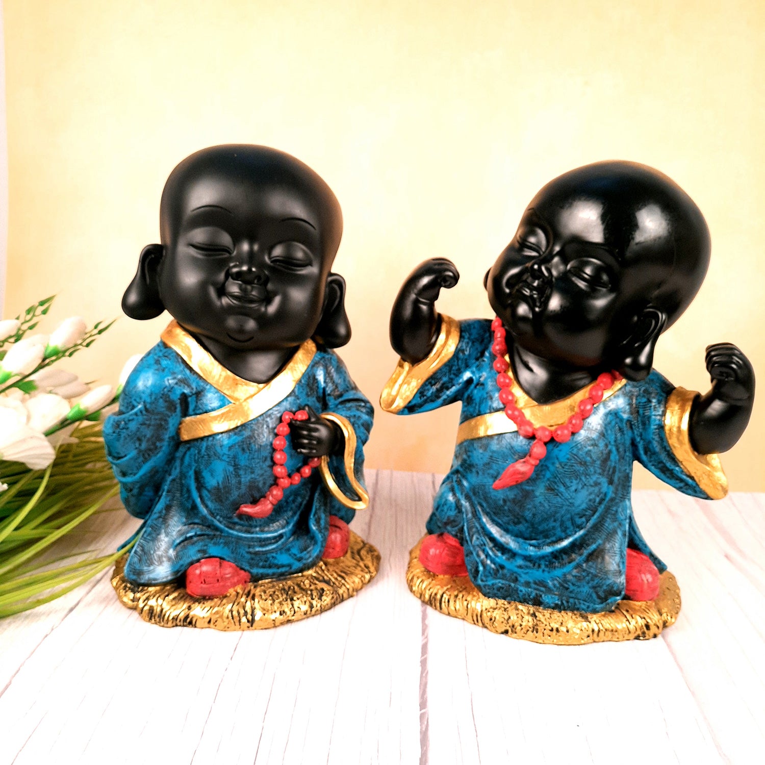 Black Baby Monk Showpiece| Feng Shui Decor - For Good Luck, Home, Table, Office Decor & Gift-13 inch (Set of 2)- Apkamart