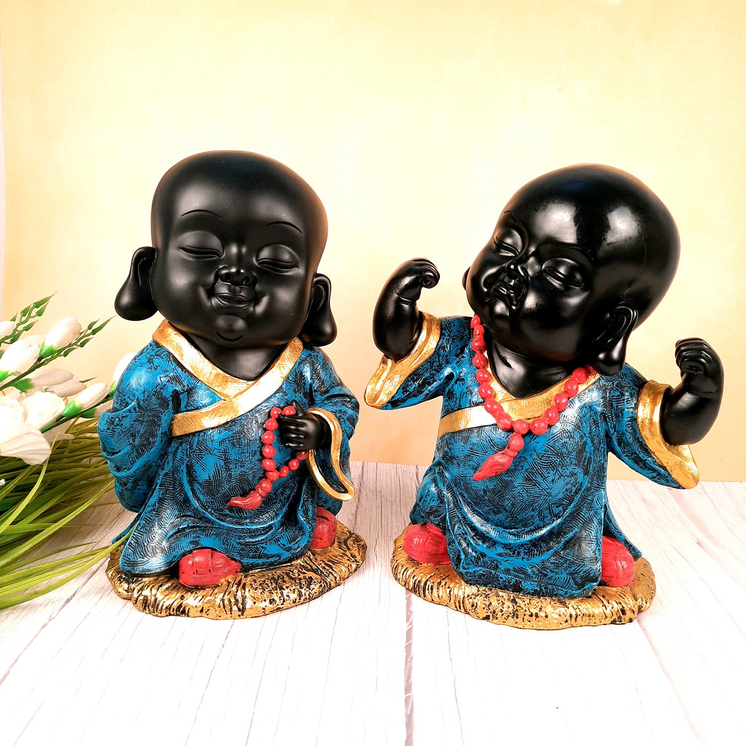 Black Baby Monk Showpiece| Feng Shui Decor - For Good Luck, Home, Table, Office Decor & Gift-13 inch (Set of 2)- Apkamart