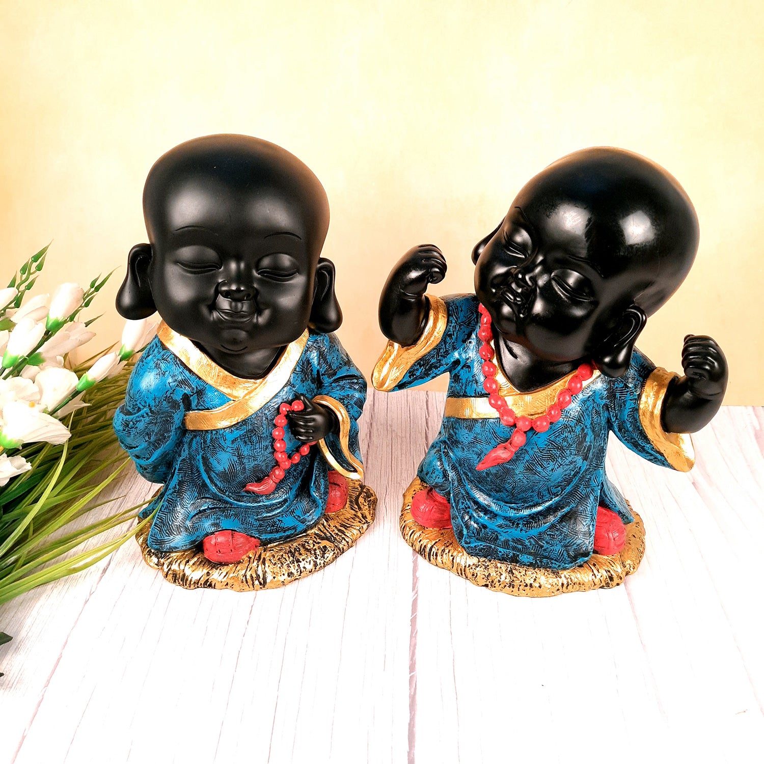 Black Baby Monk Showpiece| Feng Shui Decor - For Good Luck, Home, Table, Office Decor & Gift-13 inch (Set of 2)- Apkamart