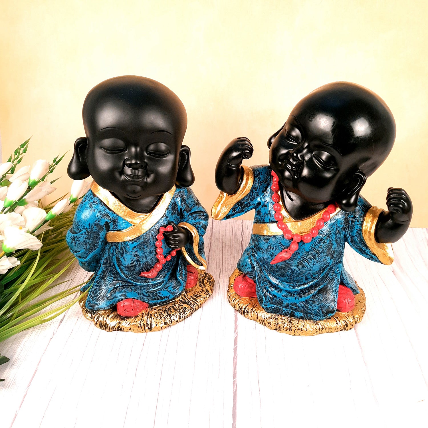 Black Baby Monk Showpiece| Feng Shui Decor - For Good Luck, Home, Table, Office Decor & Gift-13 inch (Set of 2)- Apkamart