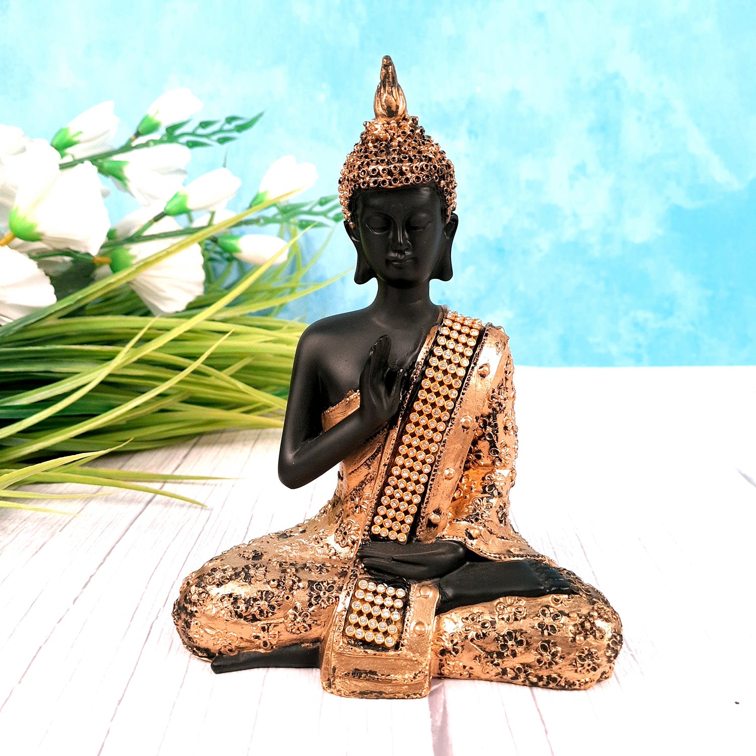 Buddha Statue with Rustic Look | Lord Gautam Buddha Showpiece in Meditation Design - For Living room, Home, Table, Office Decor & Gift- 7 Inch - apkamart