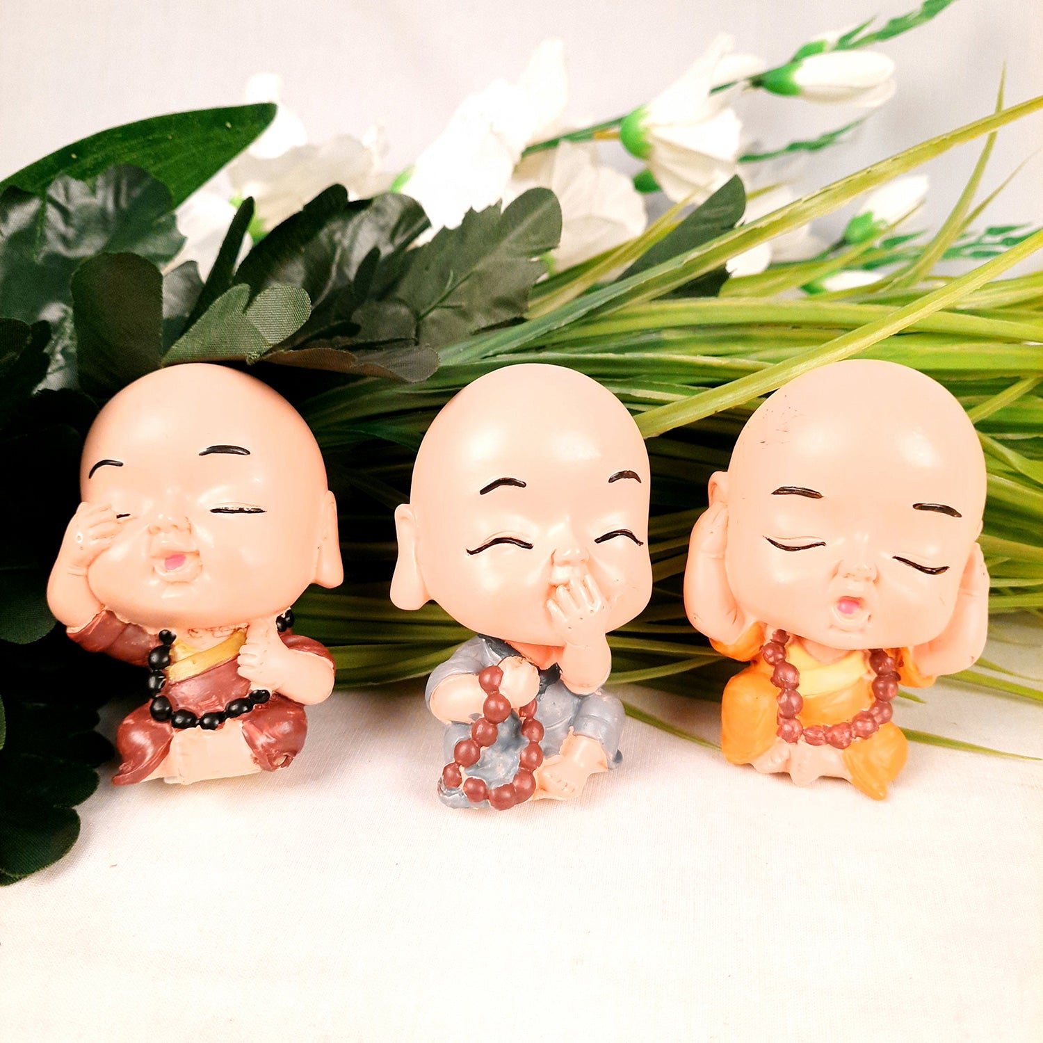 Baby Monk Showpiece Set | Feng Shui Decor - For Car Dashboard, Good Luck, Home, Table, Office Decor & Gift -3 Inch (Set of 3) - apkamart