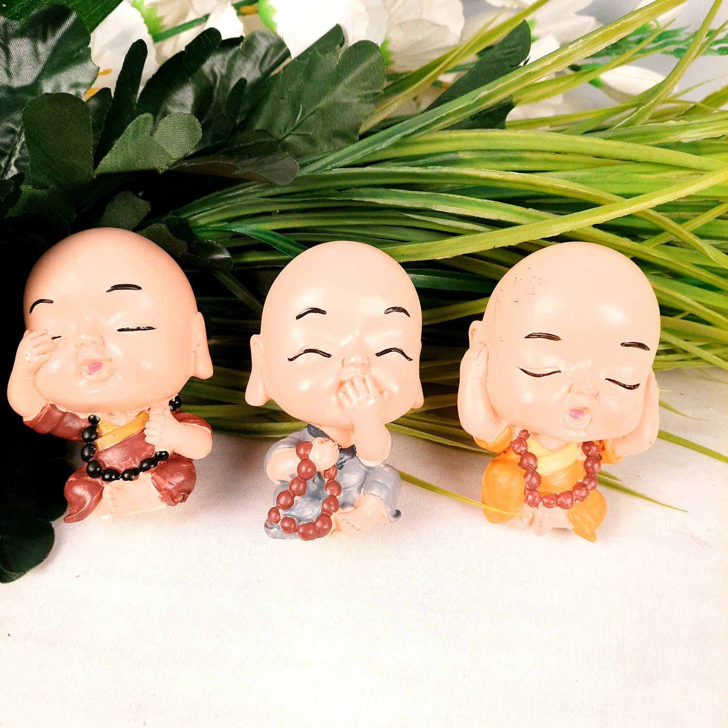 Baby Monk Showpiece Set | Feng Shui Decor - For Car Dashboard, Good Luck, Home, Table, Office Decor & Gift -3 Inch (Set of 3) - apkamart