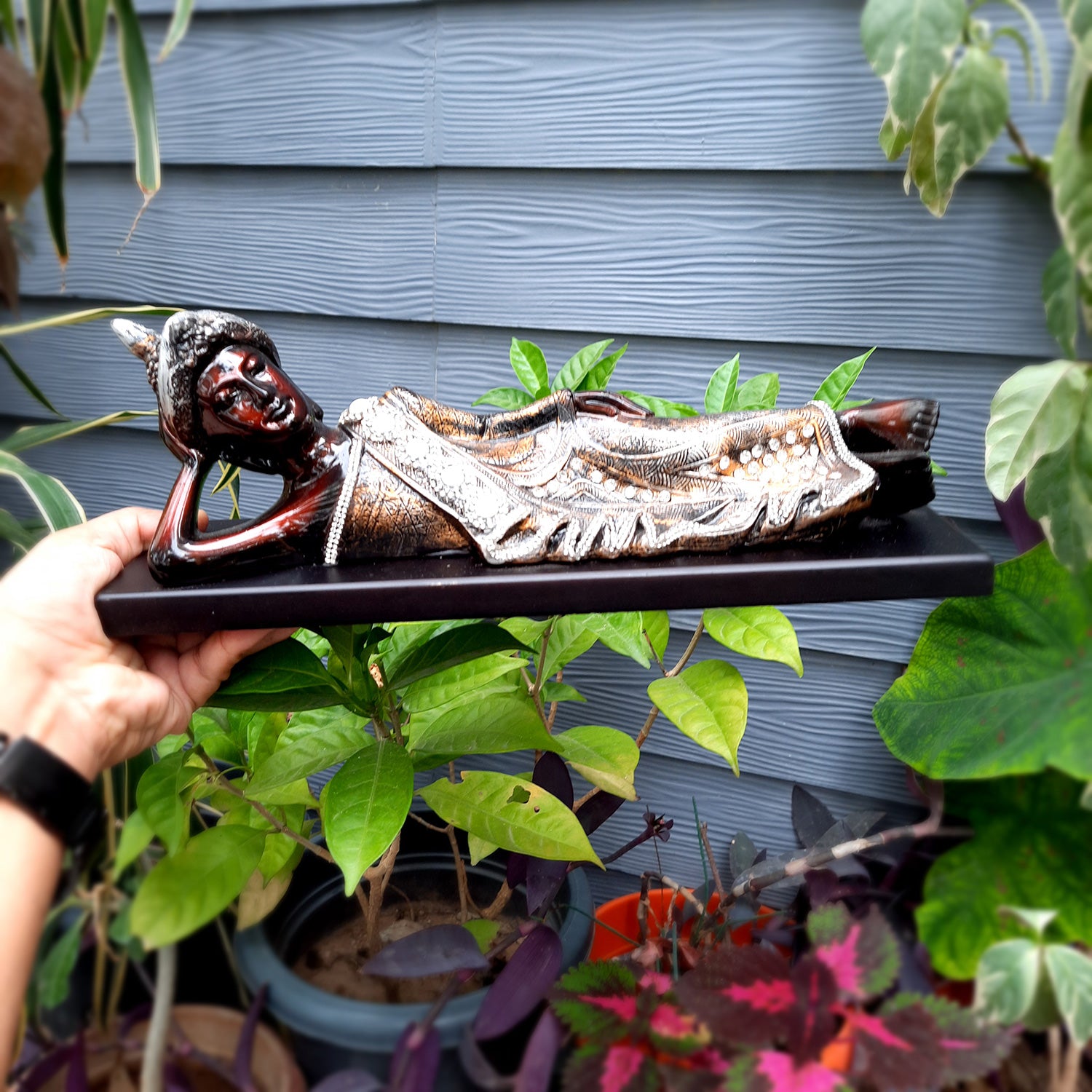 Buddha Statue with Rustic Look | Lord Gautam Buddha Showpiece in Sleeping Pose - For Living room, Home, Table, Office Decor & Gift- 14 Inch - apkamart