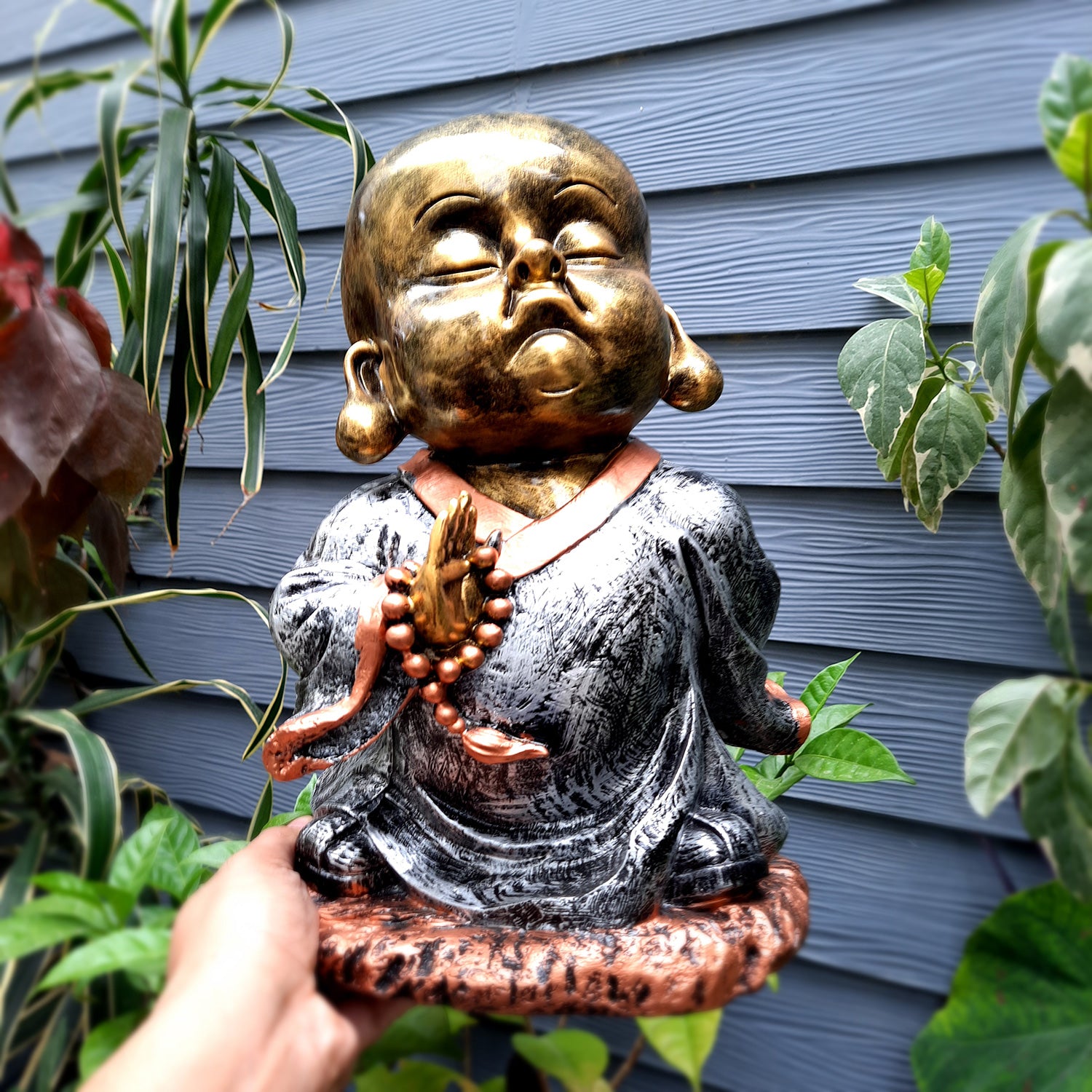 Laughing Buddha Statue Big with Rustic Look | Baby Monk Showpiece with Money Bag for Wealth | For Good Luck, Home, Table, Office Decor & Gift - 12 Inch - apkamart