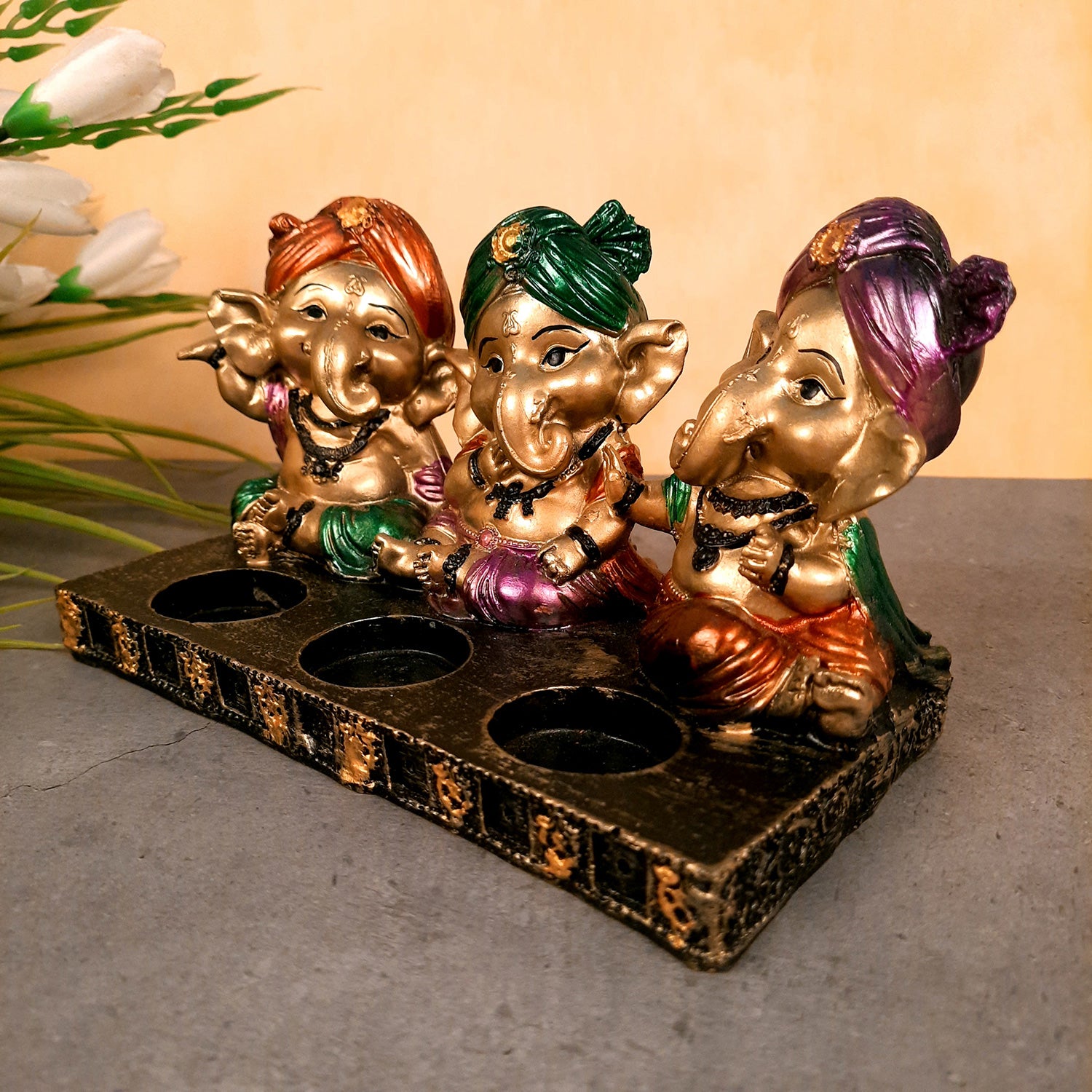 Ganpati Murti | Ganesha Candle Holder - For Home Decor & Gifts - 5 Inch- Apkamart #Color_Golden